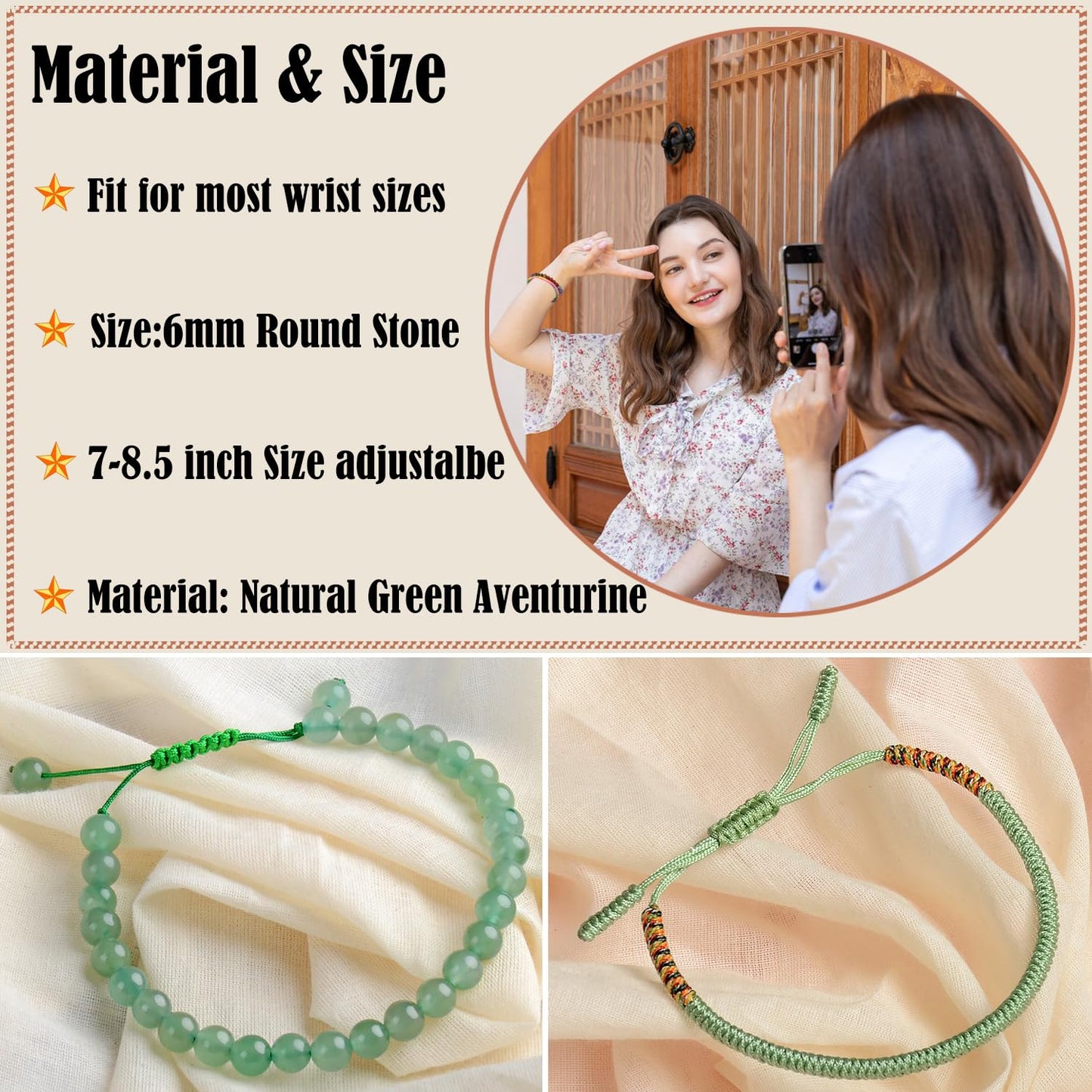 LPBeads 6mm Green Aventurine Bracelet with Handmade Rope Bracelet Size Adjustable Natural Stone Crystal Healing Bracelets Gifts for Unisex Adults