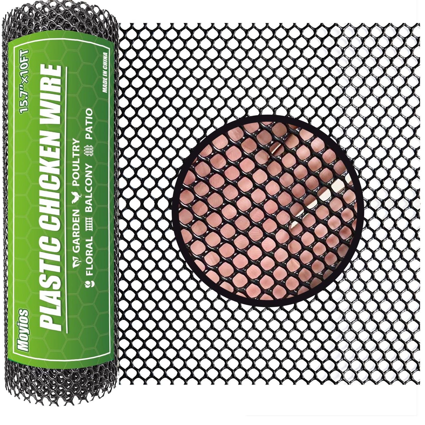 Moyios Black Plastic Chicken Wire Mesh Roll 15.7IN x 10FT, 500GSM Heavy Duty Hexagonal Fencing - Garden Netting for Poultry, Dog Rabbit Barrier, Floral Craft Wire, Easy to Cut Durable Mesh Fencing