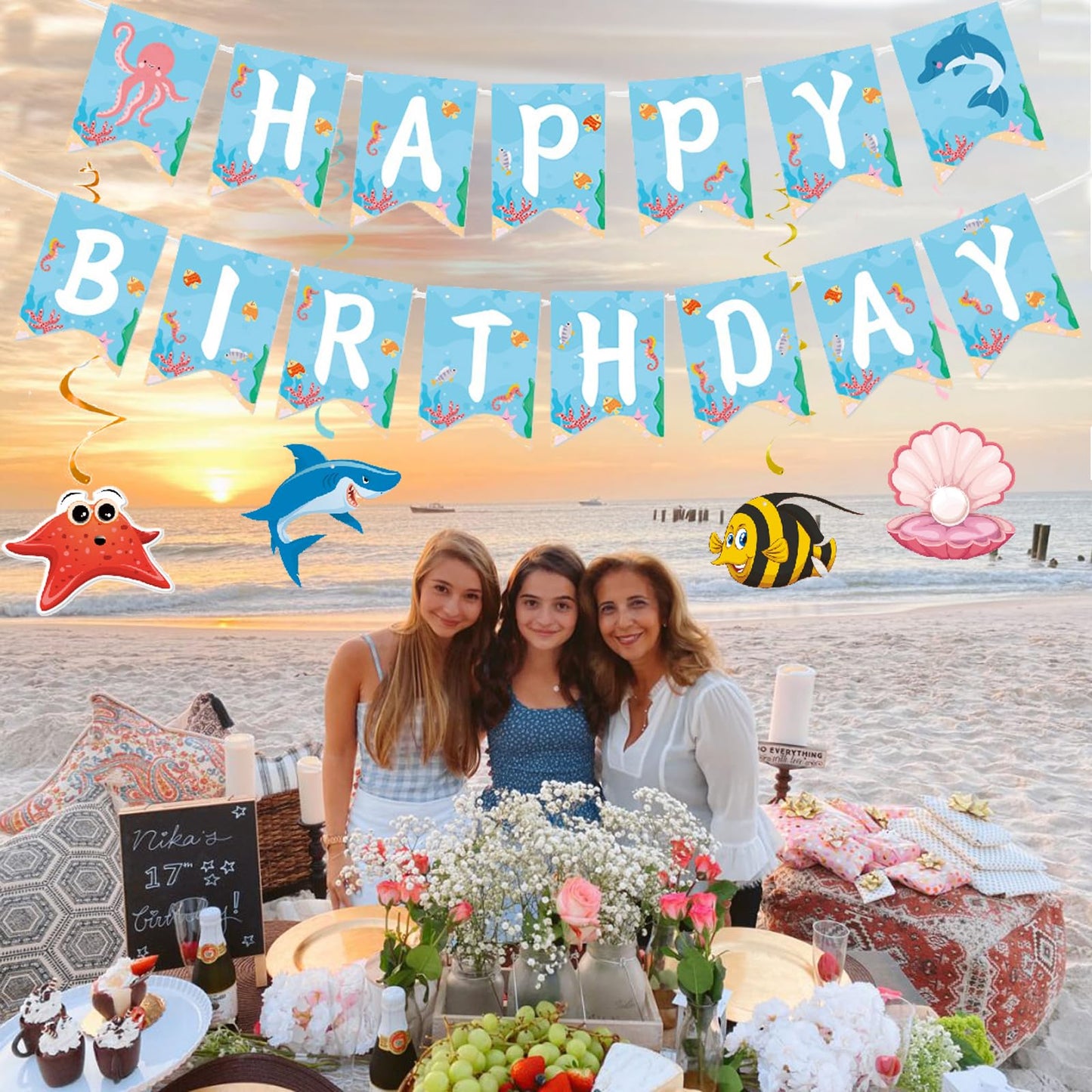 Zwiebeco Sea Animals Happy Birthday Party Decoration Banner Bunting Garland Hanging Paper Swirls Kit for Ocean Under The Sea Animals Marine Life Themed Boys Girls Kids Accessories Supplies