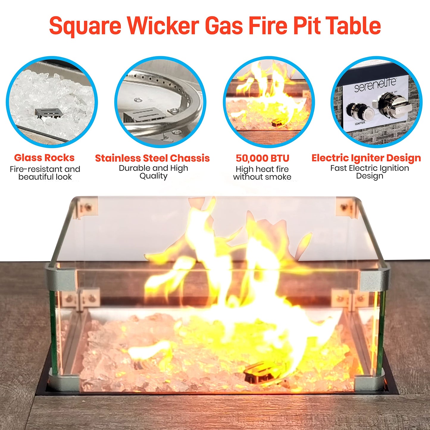 SereneLife Propane Fire Pit Table, 50000 BTU CSA/ETL Certified Safe Gas Table with Sturdy Wicker Base, Stainless Steel Burner, Glass Wind Guard & Cover, Outdoor Fireplaces for Parties