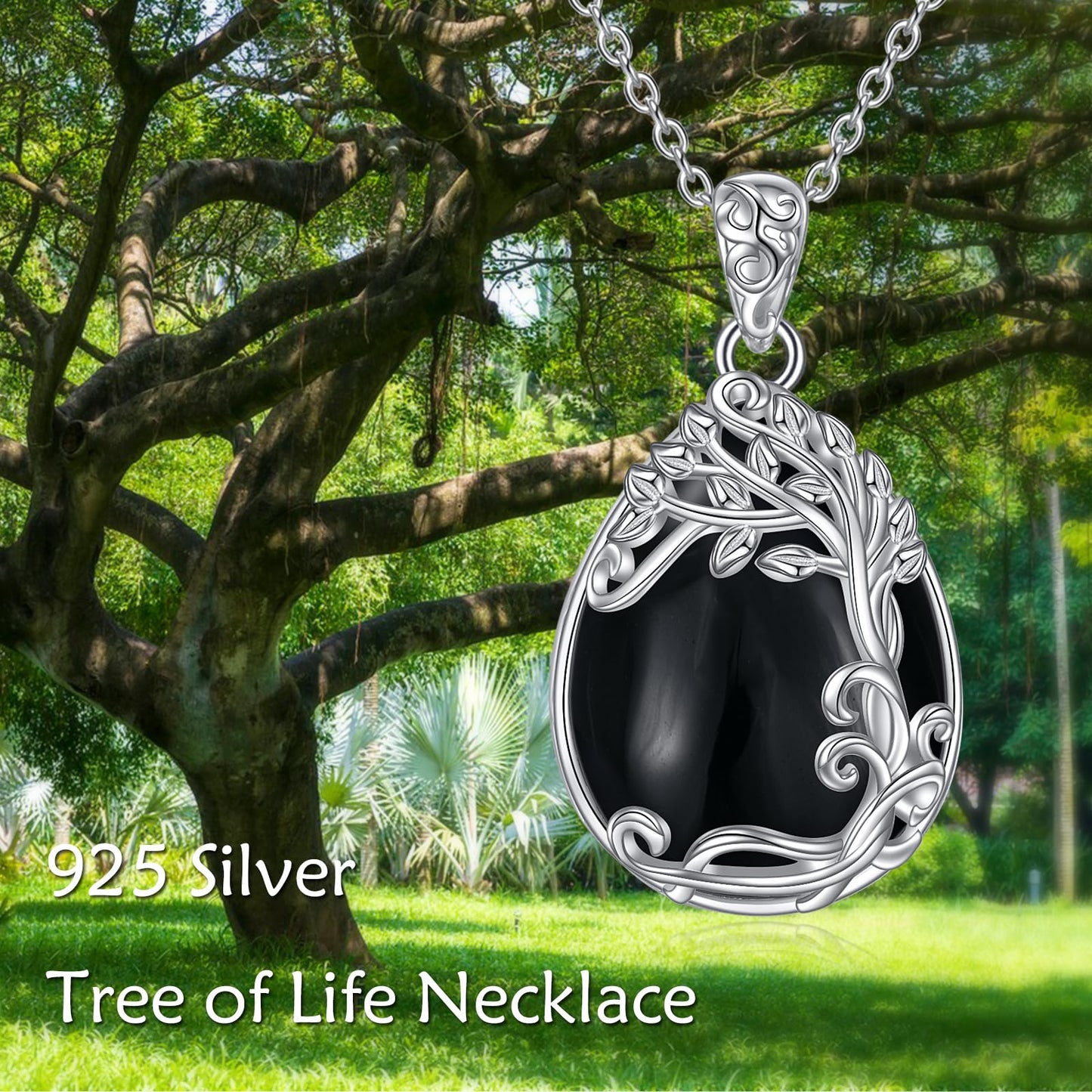 YAFEINI 925 Sterling Silver Black Onyx Necklace Jewelry Tree of Life Teardrop Pendant Black Onyx Gift for Women (MM-Tree of Life Black Onyx Necklace)