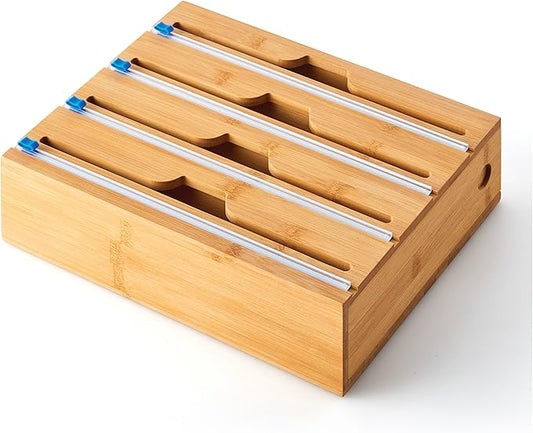 Copco In Drawer or Mounted 4 Compartment Organizer for Plastic, Foil, Wax and Parchment Paper featuring Easy Slide Tabs for Perfect Cut, With 21 Customizable Labels, Bamboo, 13.3 x 11 x 3 Inch