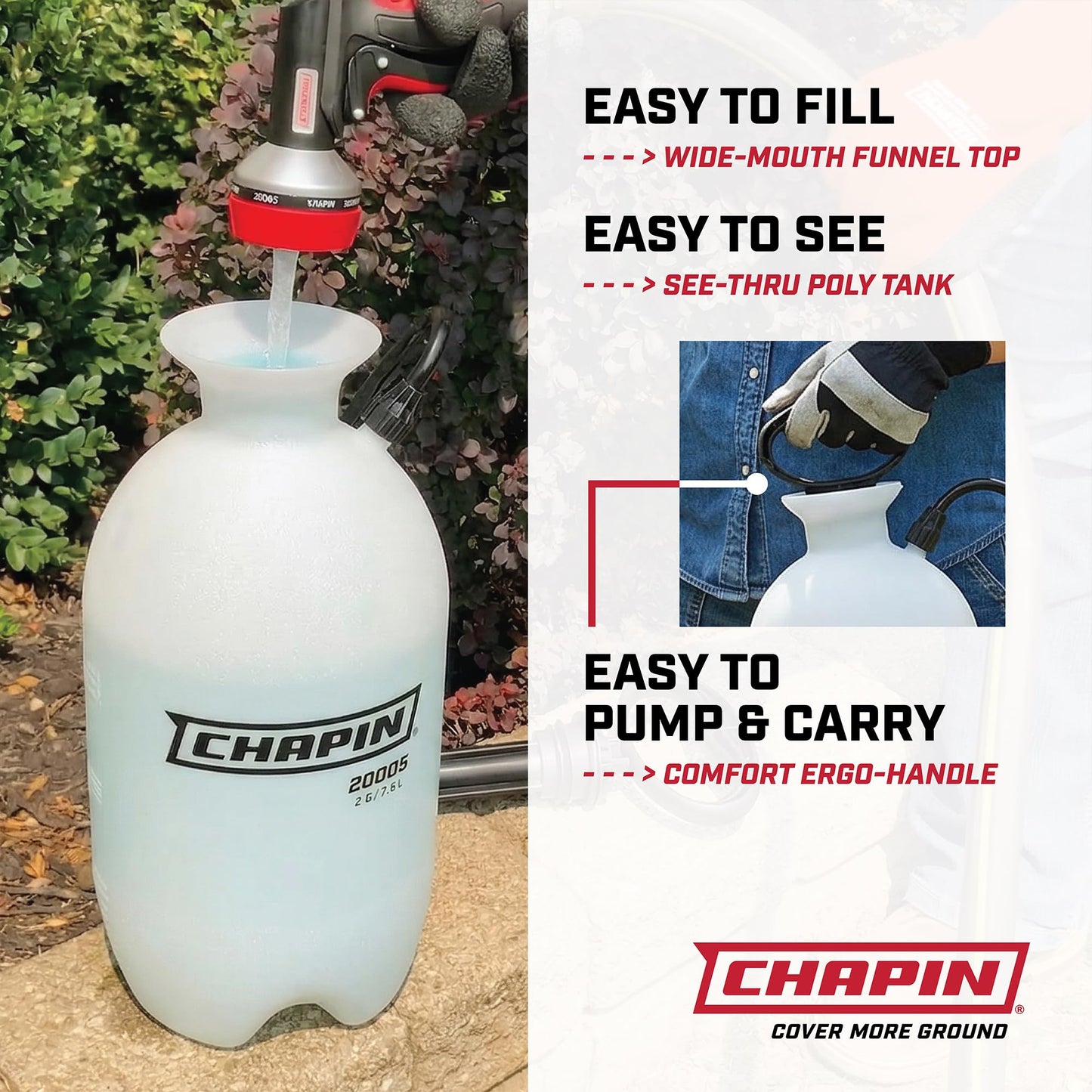 Chapin 20024 Pump Sprayer, 2‑Gallon, Lawn & Garden, Translucent Poly Tank, Funnel‑Top, SureSpray, Adjustable Cone Nozzle & 34" Hose for Fertilizer, Weed & Pest Application, Pack of 2