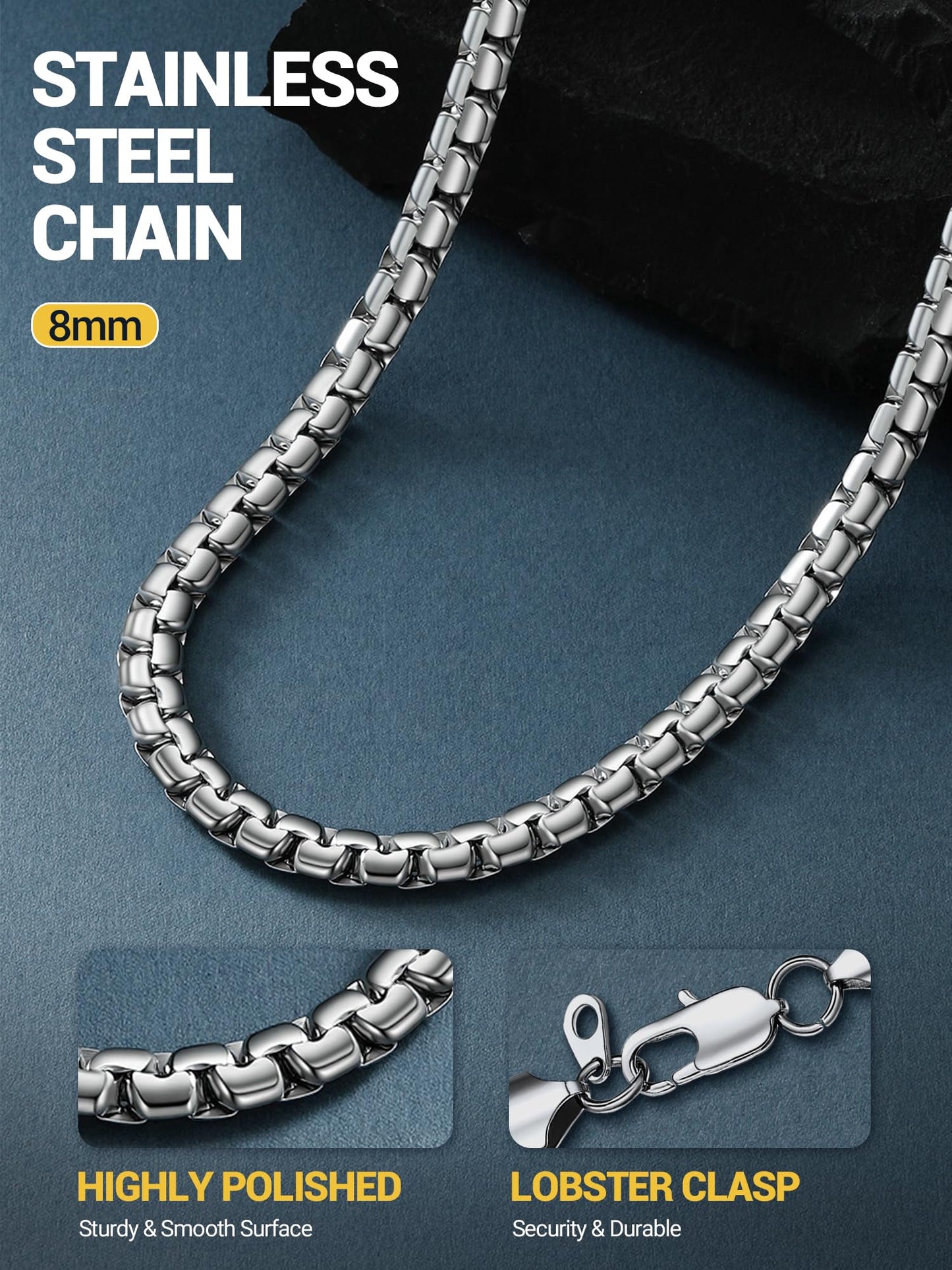 PROSTEEL Silver Chain for Mens 8mm Anti-Tarnish & Unbreakable Links Flat Box Necklace Hip Pop Chunky Chain Jewelry