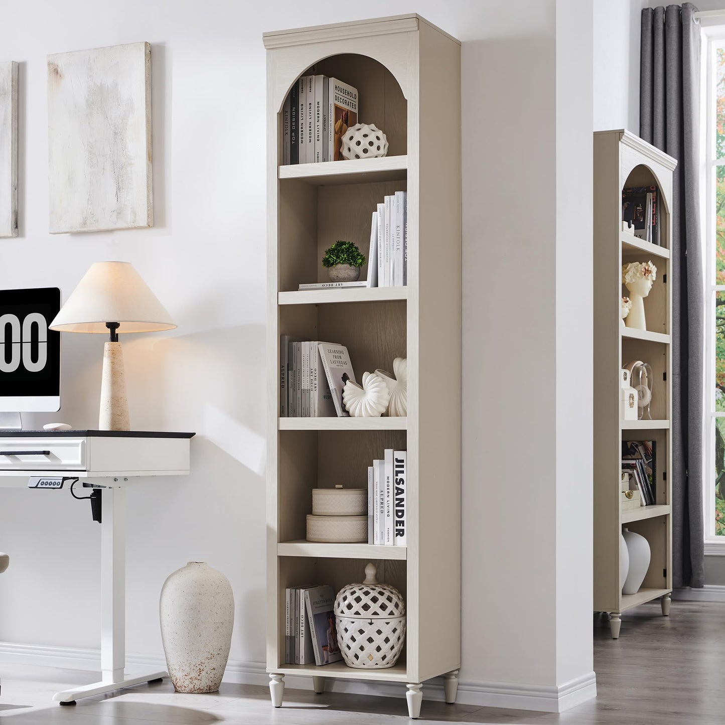 IFGET 76" Tall Arched Bookcase, Farmhouse 5 Tiers Narrow Arched Bookshelf Cabinet with Adjustable Shelves, Modern Wooden Book Shelf w/Storage and Open Display Shelves for Living Room, Office-Cream