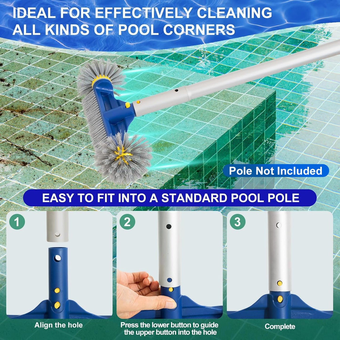 POOLAZA Pool Brush with Round Ends, 12.5'' Pool Brush Head for Inground Pools/Above Ground Pools, Spa, Hot Tub, High-Efficiency Pool Scrub Brush fit Standard Pool Pole