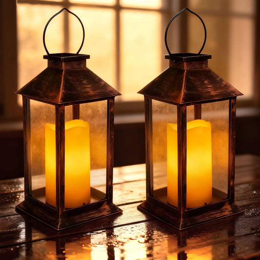 2 Pack 14 Inch Solar Lanterns Outdoor Waterproof with Flickering Flameless Candles, Outdoor Garden Hanging Lantern Decorative for Patio Front Porch Backyard Balcony Cabin Outside Table