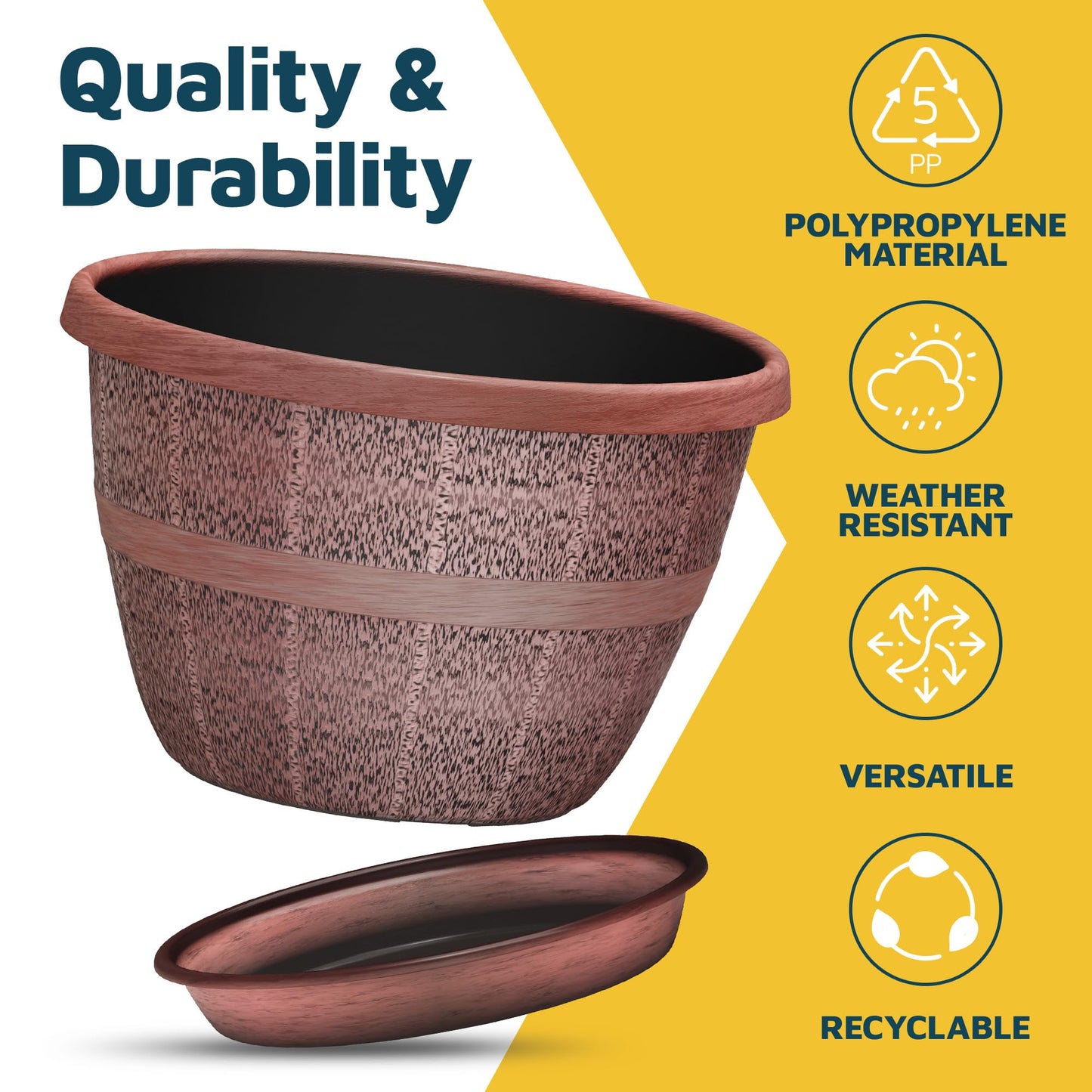 10-Inch Whiskey Barrel Planters Outdoor Pack of 25 - Durable Plastic Plant Pots for Indoor & Outdoor Use with Drainage & Saucer, Lightweight Rustic Barrel Planters for Flowers, Herbs & Small Plants