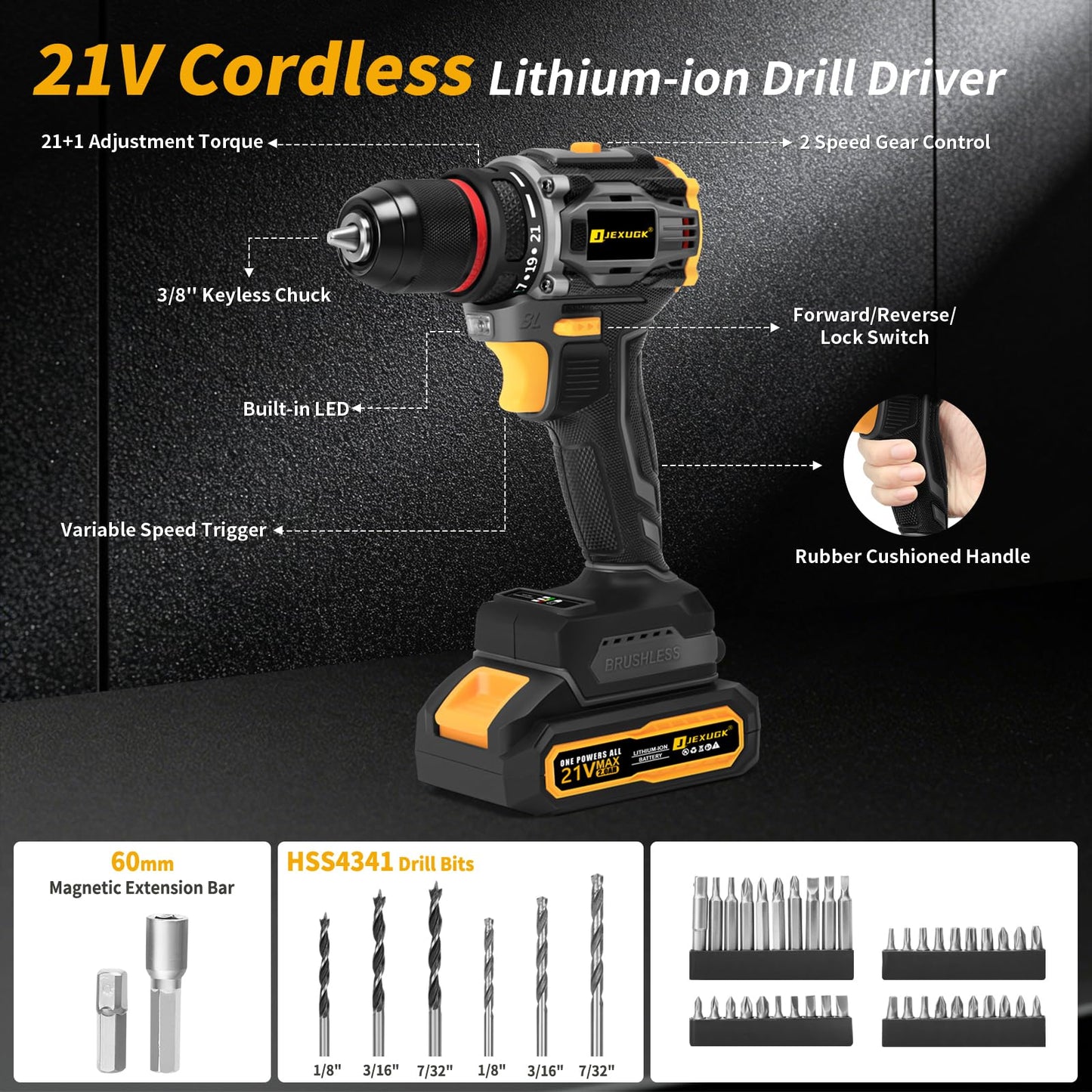 JEXUGK 60Nm Cordless Drill Tool Set, 21V Brushless Drills Kit with 2 x 2.0Ah Battery, Portable Household Basic Driver Case for Men & Women, Lady's Taladro Inalámbrico Toolbox for Home Hand Repair DIY