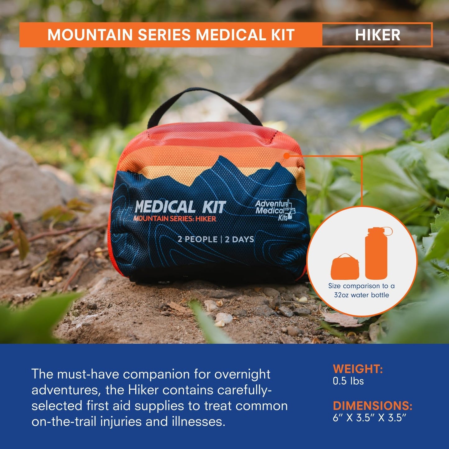 Adventure Medical Kits Mountain Series Medical Kit - Hiker - Emergency Medical First Aid Kit - for 2 People for 2 Days - Comes with a Trauma Pad, Medicine, Guide Book & More - Sunset
