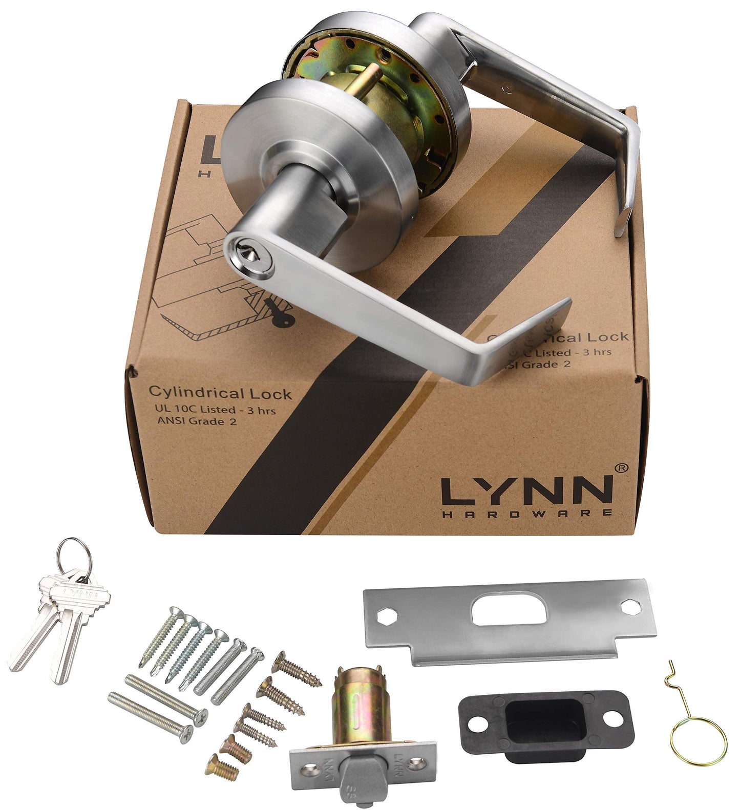 LYNN HARDWARE - Classroom - Commercial Door Lock - Heavy-Duty Designer Handles for Doors - Durable Grade 2 Indoor Locks for Doors - Cylindrical Door Handle Lock - ADA Compliant - Satin Chrome