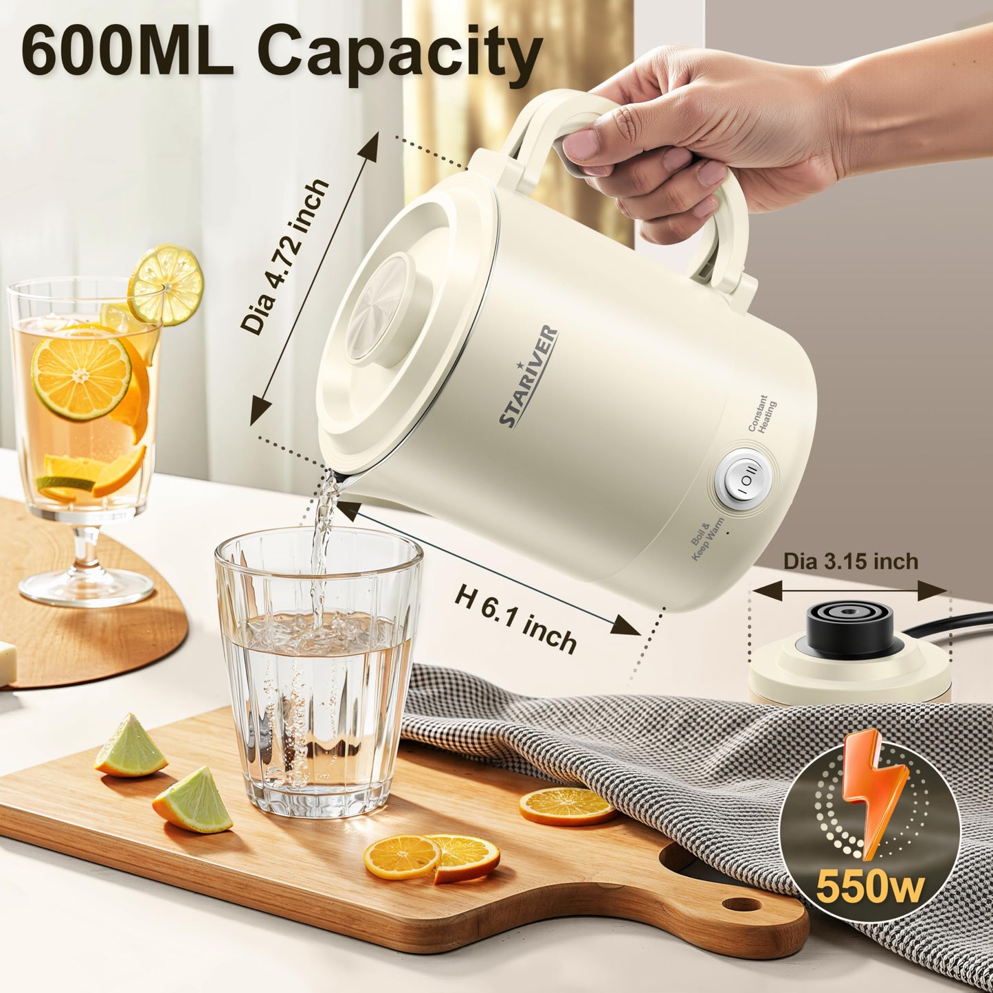 Stariver Portable Travel Kettle, 600ML Small Electric Kettle with Foldable Handle, Food Grade Stainless Steel Collapsible Water Boiler with Dual Modes, Compact for RV, Business Trip, Camping, Beige