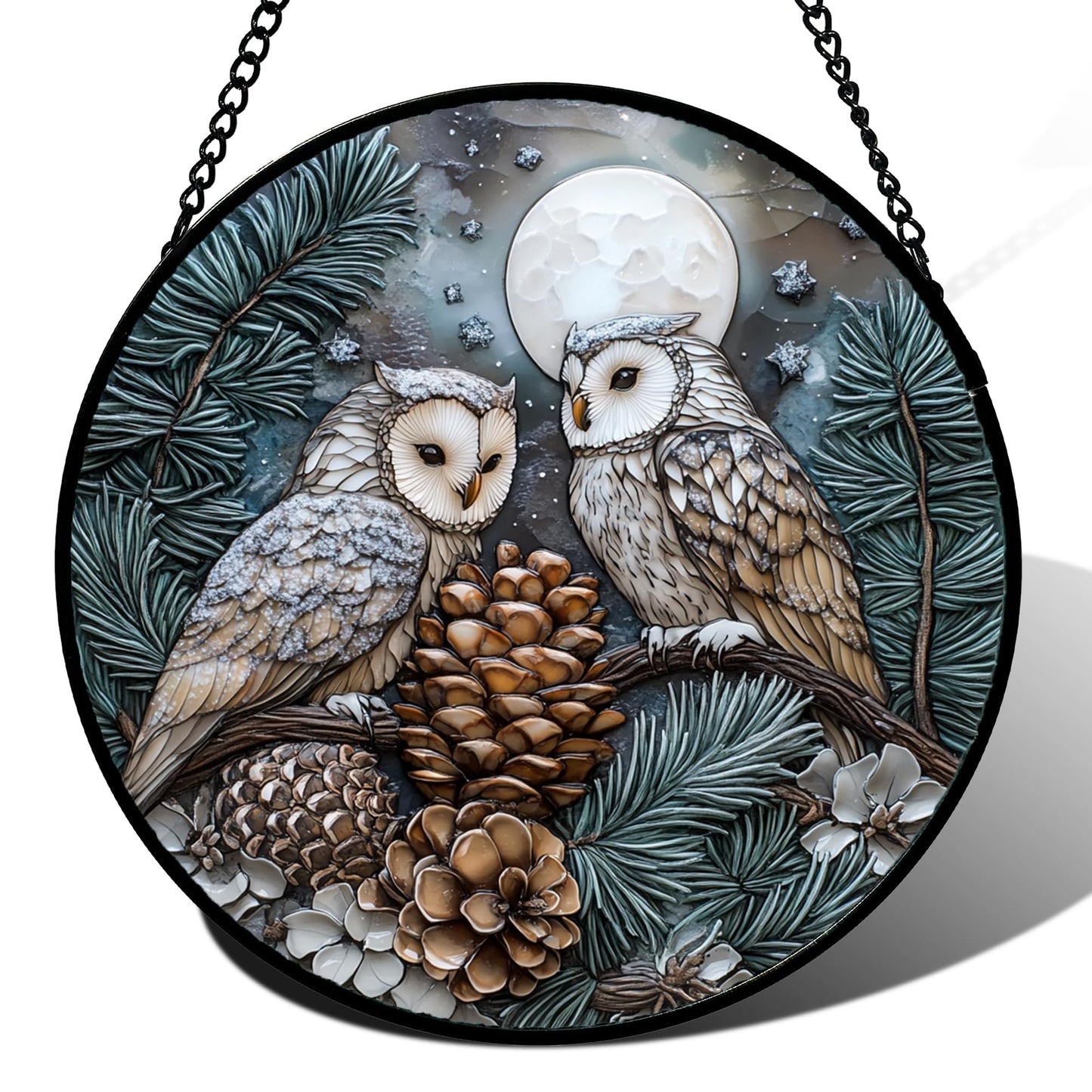 CRISGIF Stained Glass Window Hanging - Owl On A Tree Suncatcher for Doors Garden Patio Winter Scene Sun Catchers Decor Christmas Mother's Day Birthday Gifts for Women Men Mom Nana Friend 6.3 in
