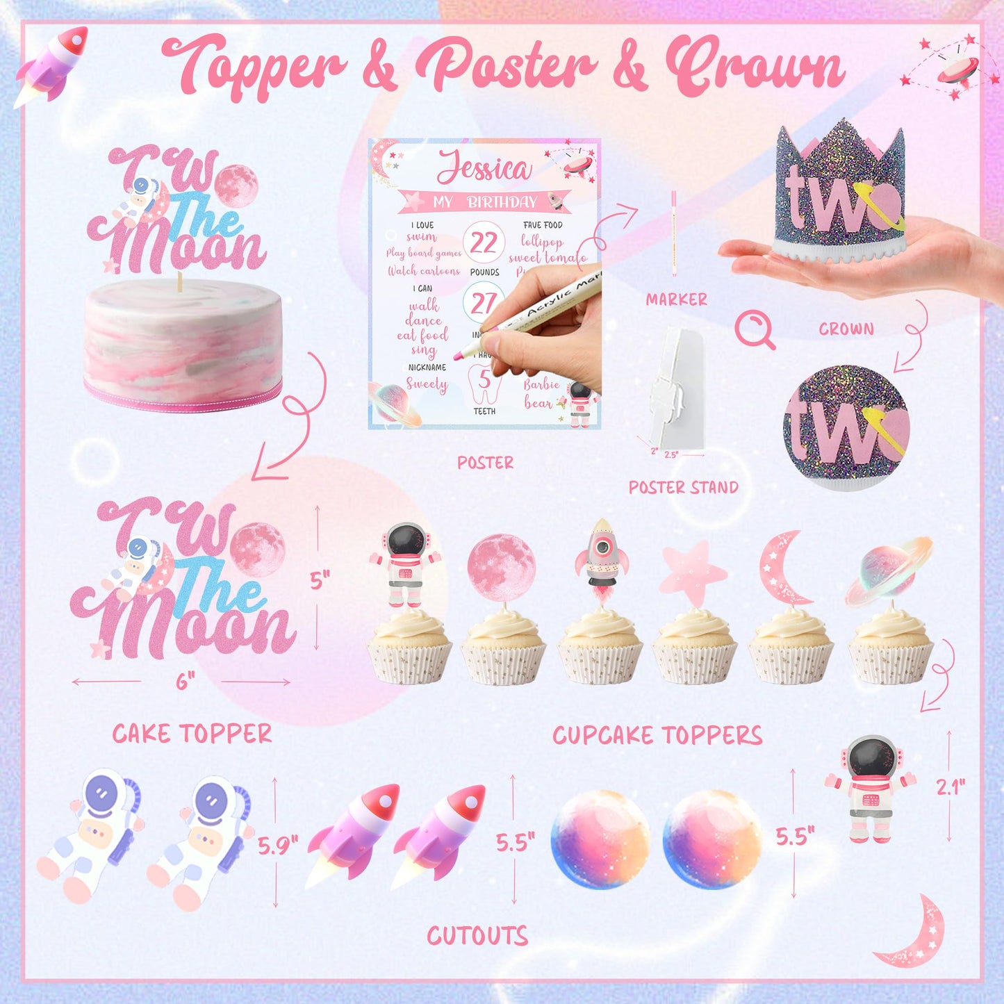 Two the Moon Birthday Decorations Girl, Outer Space 2nd Birthday Party Decorations, Two the Moon Backdrop Cake Cupcake Topper Balloon Garland Two Years Old Girl Party Supplies Kit Moon Themed for Girl