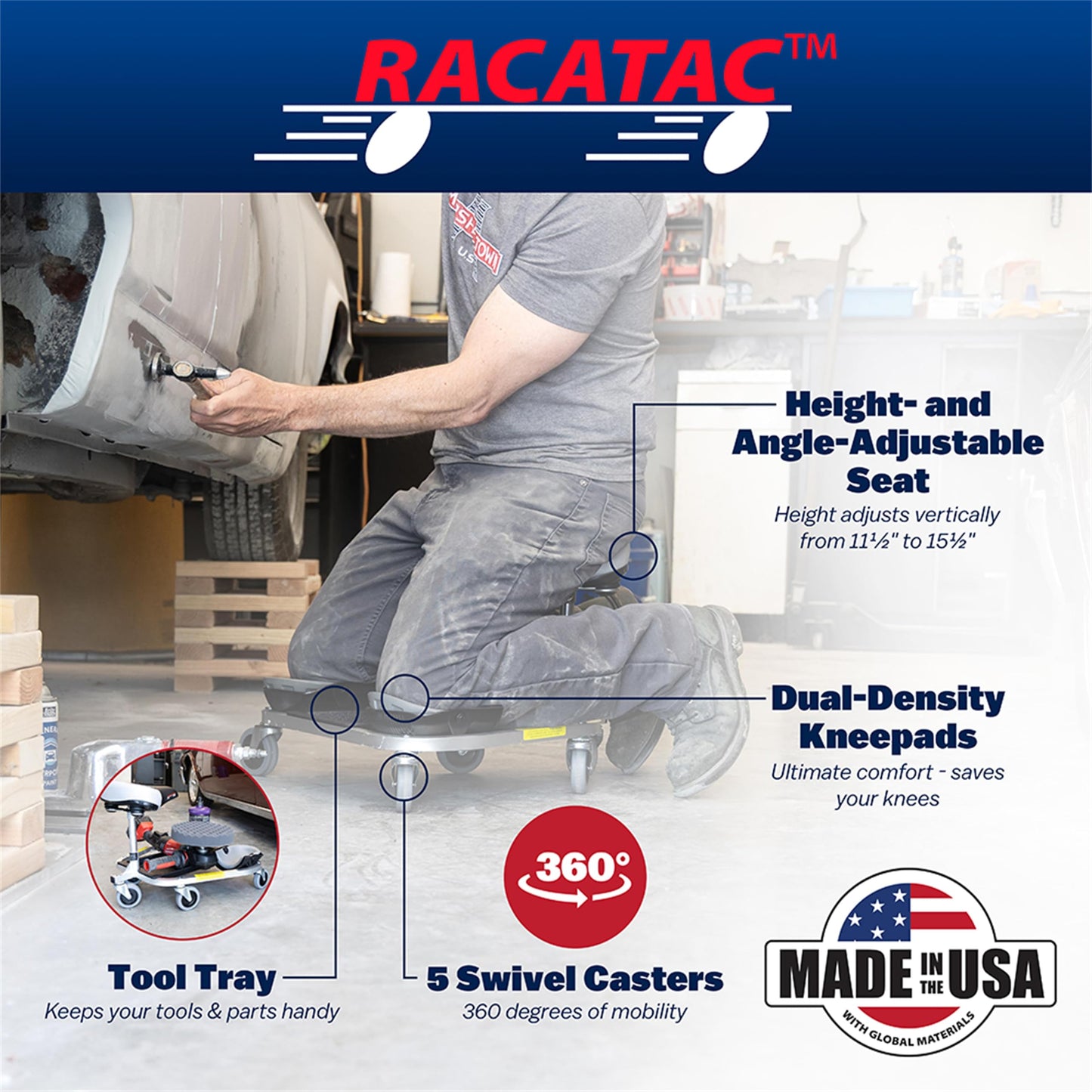 RACATAC Kneeling Sitting Creeper, 2 Inch Casters, Knee Pads, Adjustable Seat, Made in The USA, 01RAC