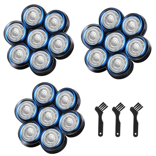 7 Blades Head Shaver Replacement Heads, Universal Fit for Electric Razors, Wet & Dry Use, 7D Floating Design, Stainless Steel Blade Heads, Ideal for Men's Face & Bald Head Shaving (3 Count)