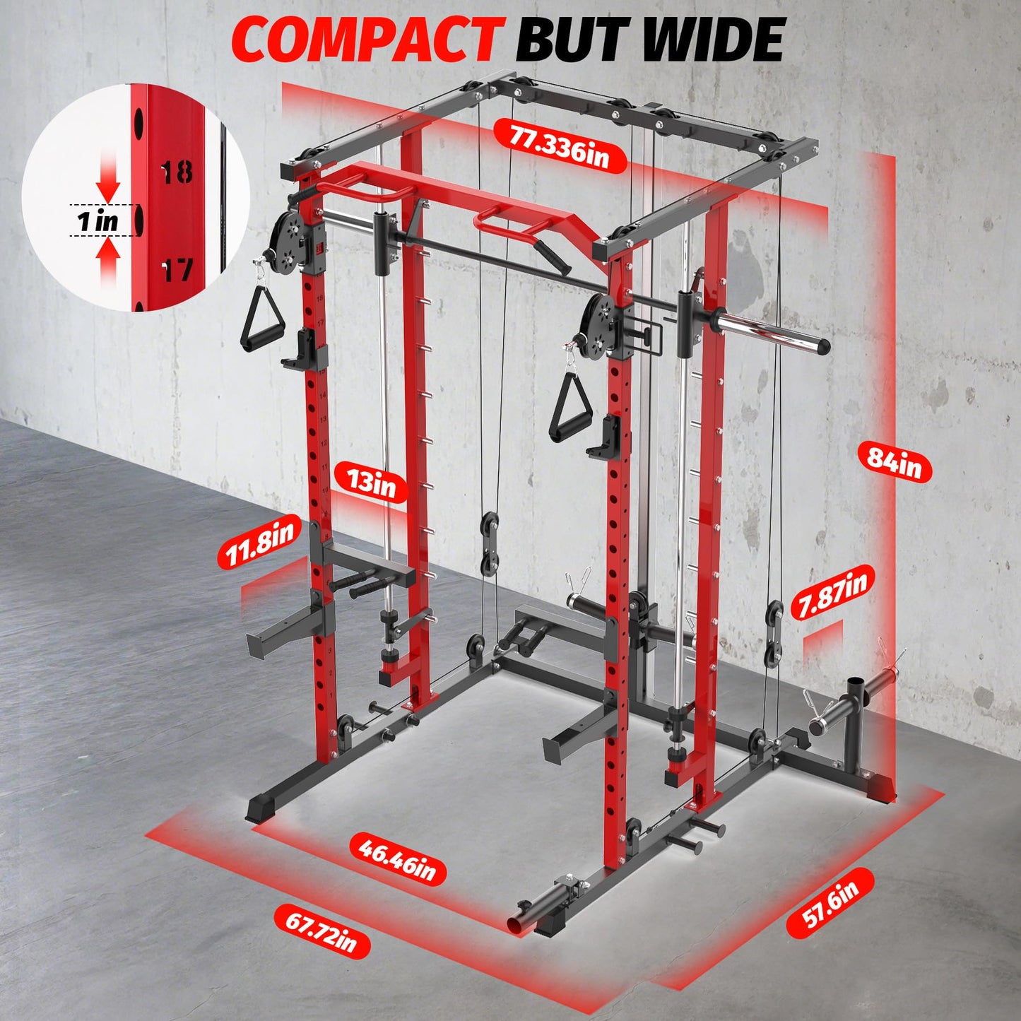 GarveeLife Power Cage, Smith Machine Squat Rack, Heavy Duty Power Rack for Home Gym with Pulley System, Dip Bar, LAT Pulldown, Multifunctional Squat Rack for Home Gym, Red