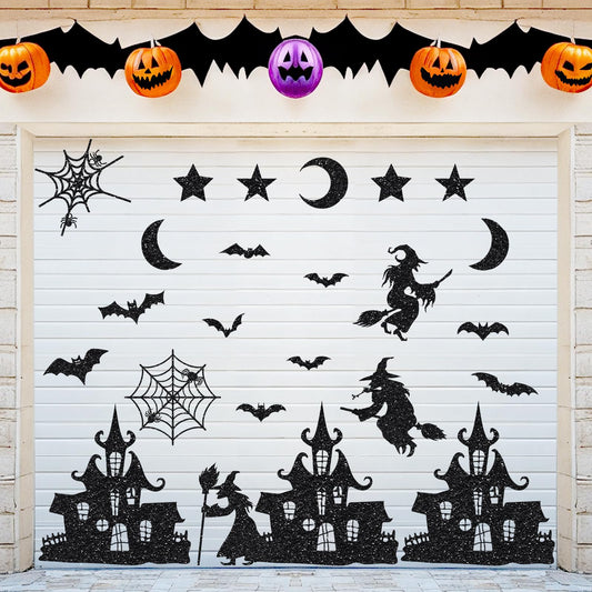 24PCS Glitter Black Halloween Witch Bats Magnetic Stickers Spider Web Castle Refrigerator Decal Outdoor Magnets for Fridge Garage Door Car Decor