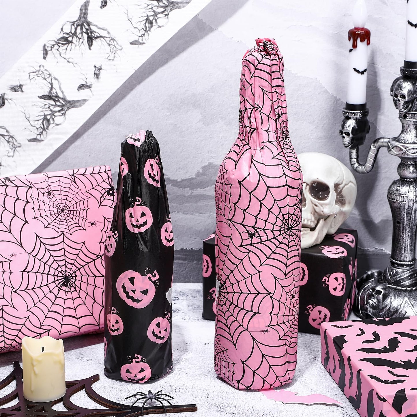 Whaline 90 Sheets Halloween Tissue Paper Pink Black Pumpkin Bat Spiderweb Gift Wrapping Paper for DIY Art Craft Halloween Birthday Baby Shower Party Supplies, 13.7 x 19.6 Inch