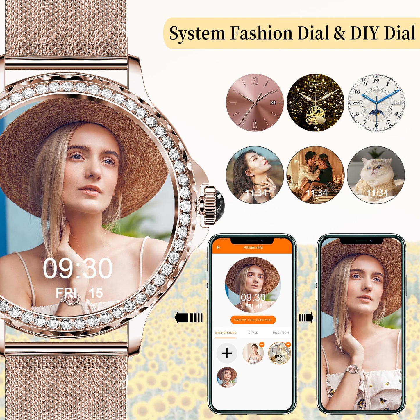 Smart Watches for Women (Answer/Make Call) with Diamonds, 1.3”HD Screen Bluetooth Smartwatch for Android iOS Phones, IP68 Waterproof Fitness Activity Trackers with Heart Rate/SpO2/BP/Sleep Monitor