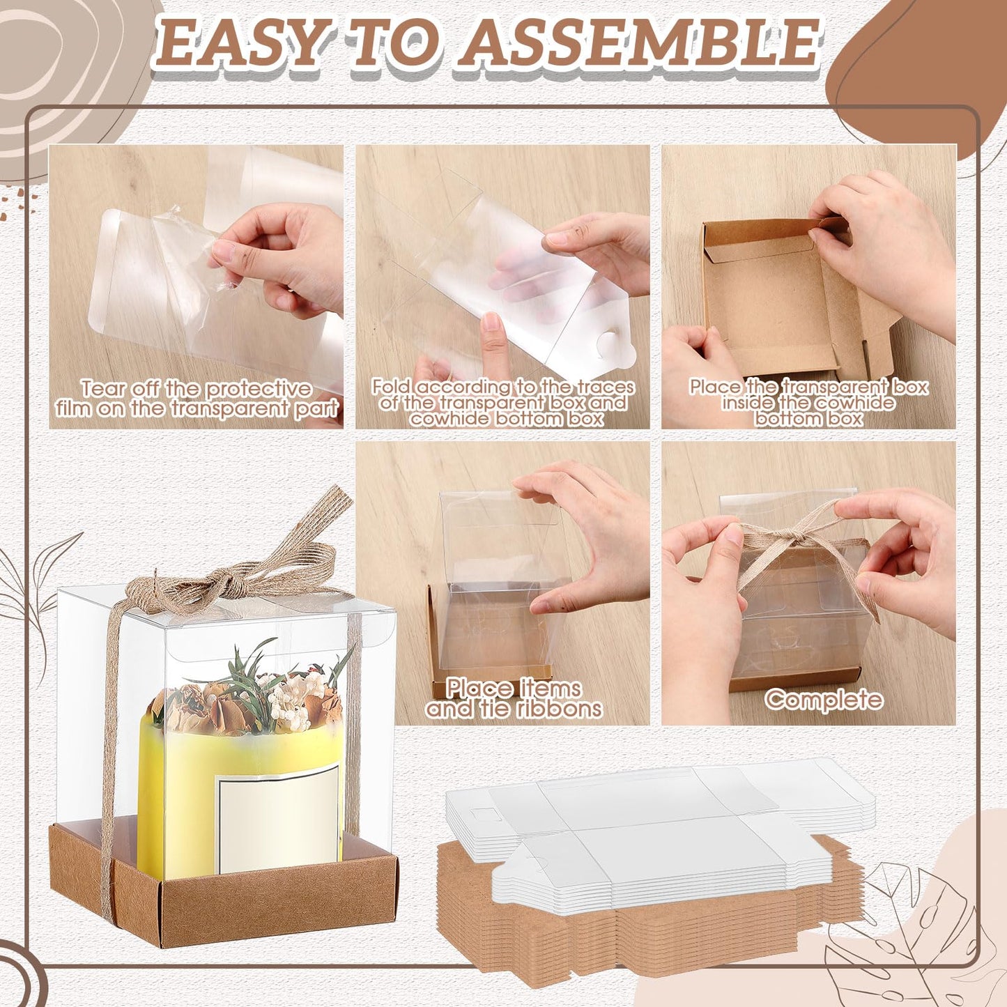 Cunno 24 Sets 3.5 x 3.5 x 4.3 in Candle Gift Package Valentine's Transparent Box 4-18 oz Handmade Tealight Candle Holder Paper Bottom Ribbon for Wedding Baby Shower Party Mug (Brown)