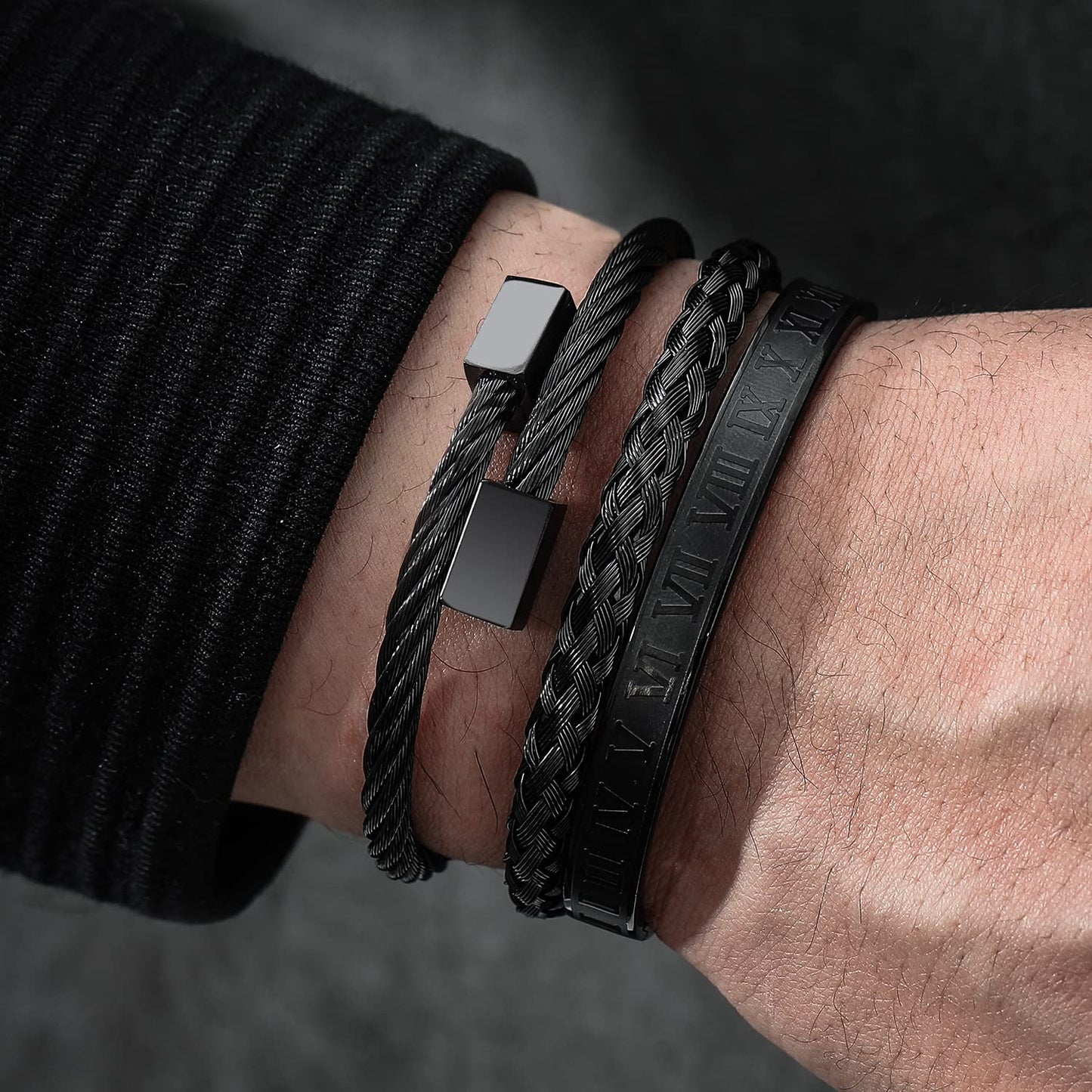 WFYOU 3PCS Stainless Steel Bracelets for Men Gold Roman Numeral Bangle Bracelet Twisted Cable Bracelet Adjustable Cuff Bracelet Mens Luxury Jewelry Bracelets Gifts