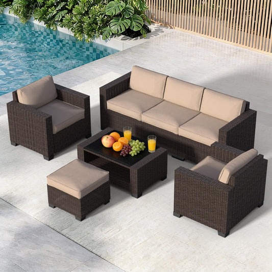 7 Pieces Patio Furniture Set Wicker Outdoor Furniture All-Weather Outdoor Sofa with Thick Cushions & Coffee Table Patio Conversation Set for Lawn, Patio, Balcony, Deck, Poolside, Brown&Beige