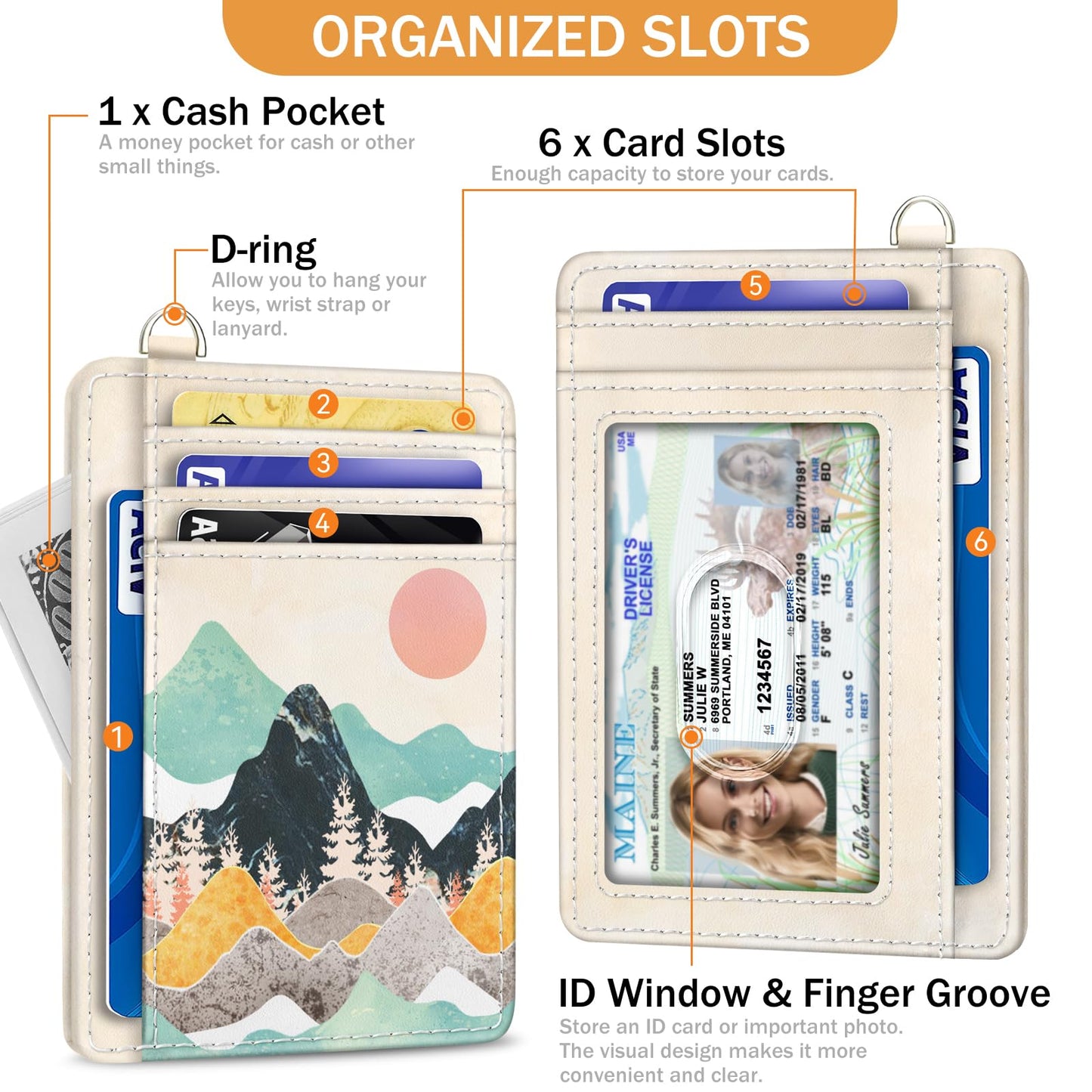 Yonlevres Sunrise Mountain Credit Card Holder Slim Wallet, RFID Wallet Women Front Pocket Wristlet Lanyard, Small Card Holder Travel Funny Cute Thin Card Case ID Window PU Leather Card Organizer Gifts