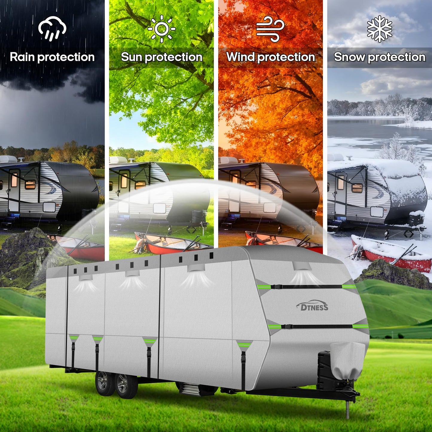 DTNESS Travel Trailers RV Cover 24-27FT, 7-Layer Thick Heavy Duty Rip-Stop Camper Cover with Tongue Jack Cover, Tire Covers, Straps & Storage Bag, Tearproof, Waterproof, Snowproof, Windproof & Anti-UV