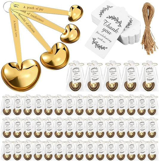 Umigy 50 Set Heart Shaped Measuring Spoon Tea Spoons Wedding Baby Shower Favors for Guests Set Heart Shape Drawstring Organza Bag Gift Tag Rope for Wedding Bridal Shower Souvenir (Gold)
