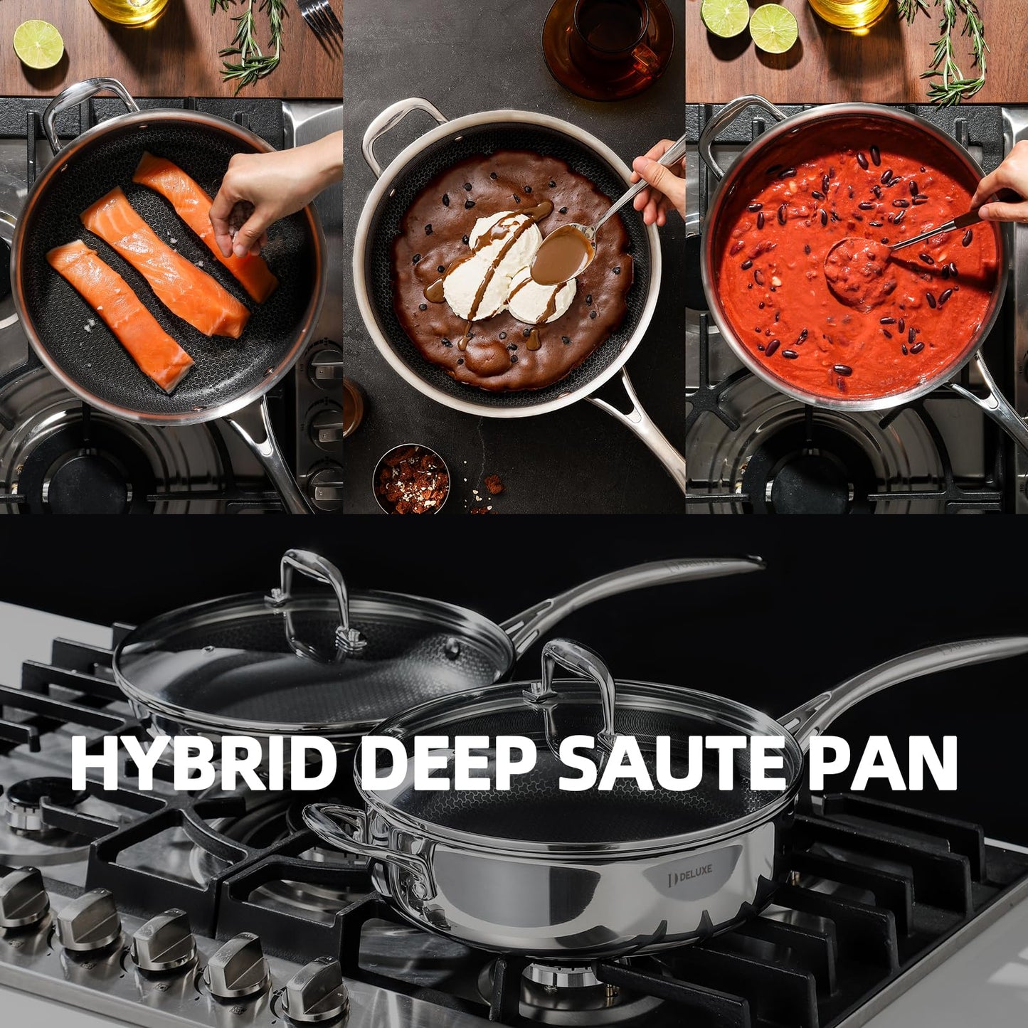 Deluxe 13 Piece Hybrid Ceramic Nonstick Stainless Steel Cookware Set-5 Piece Frying Pan Set, 6 PC Pot Set, 3.7QT Deep Sauté Pan&Lid, Induction Ready, Stay Cool, PFOA Free Compatible with All Cooktops