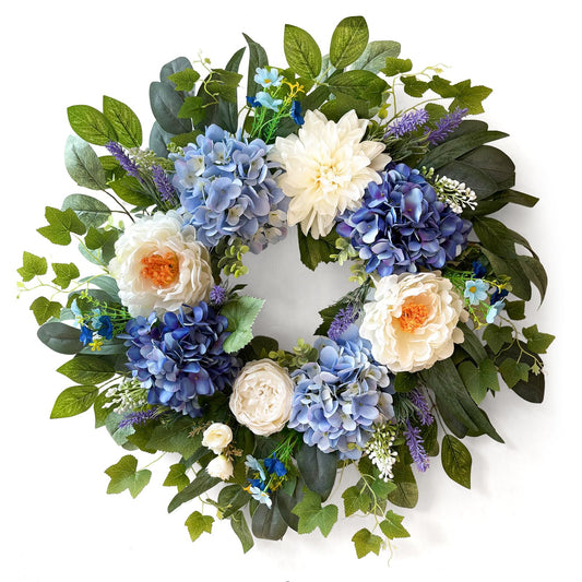 24 Inch Spring Wreaths for Front Door, Spring Summer Door Wreath with Blue Hydrangea White Peony Flower Wreath for All Season Outside Indoor Outdoor Home Porch Wall Decor