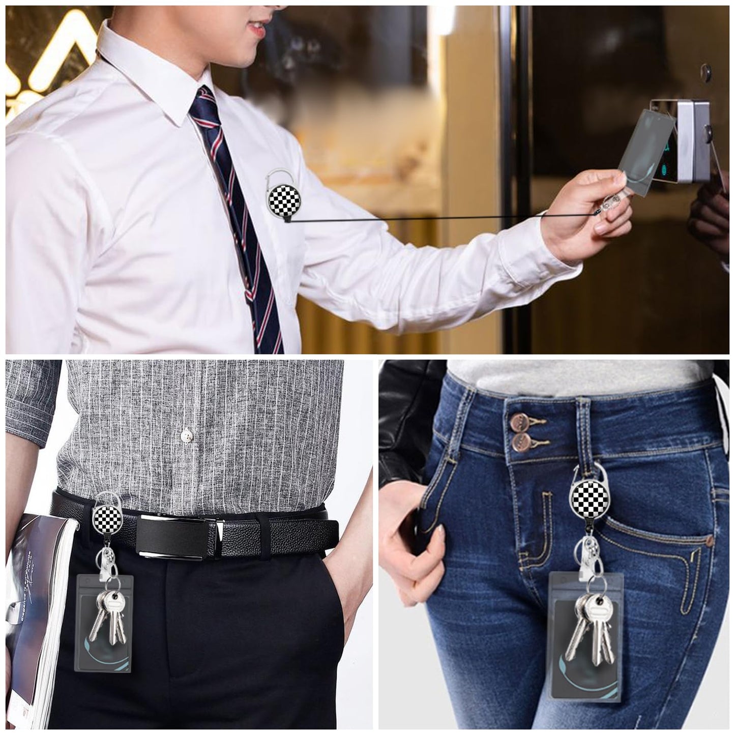 Black and White Checkered Lanyards for Id Badges, Cute Badge Reel Heavy Duty with Carabiner Clip, Fashionable ID Badge Holder with Breakaway Lanyard, Teacher Nurse Office Christmas Gifts