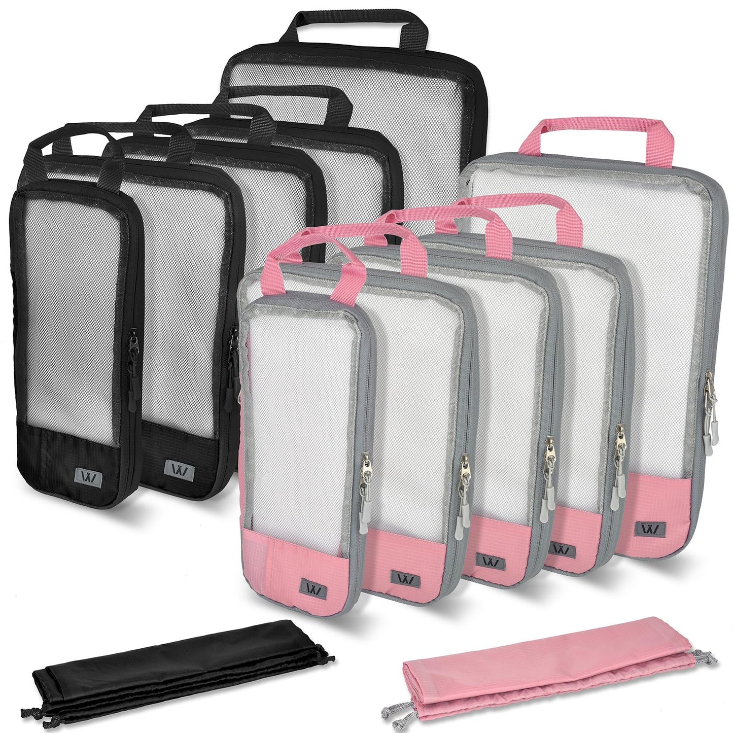 Compression Packing Cubes - WONGLE 12 pc Set His and Hers Family Travel Organizer Compressible Packing Cubes for Suitcases, Luggage Organizer Bags, Travel Accessories, Shoe Bag (Pink/Black)
