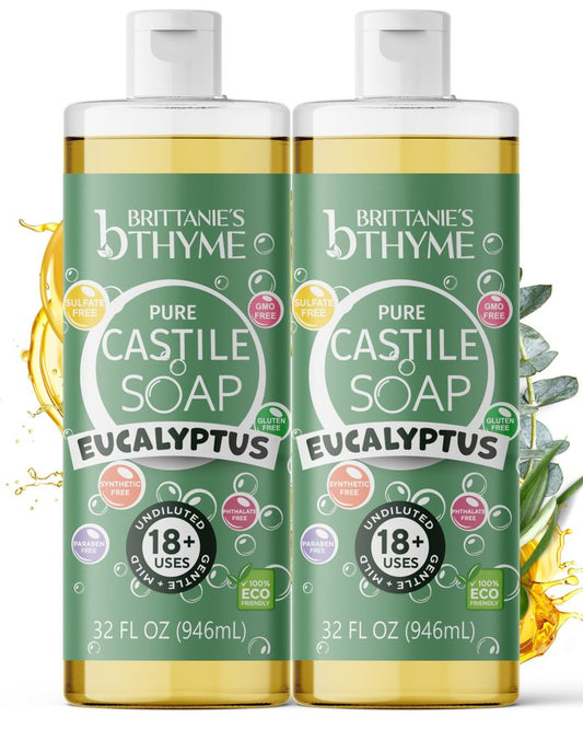 Brittanie's Pure Castile Liquid Soap, Eucalyptus, 32 Ounce 2 Pack | Natural, Organic, Multi-Purpose Soap for Body, Face, Home & Pets | Vegan, Sulfate-Free, Made in USA