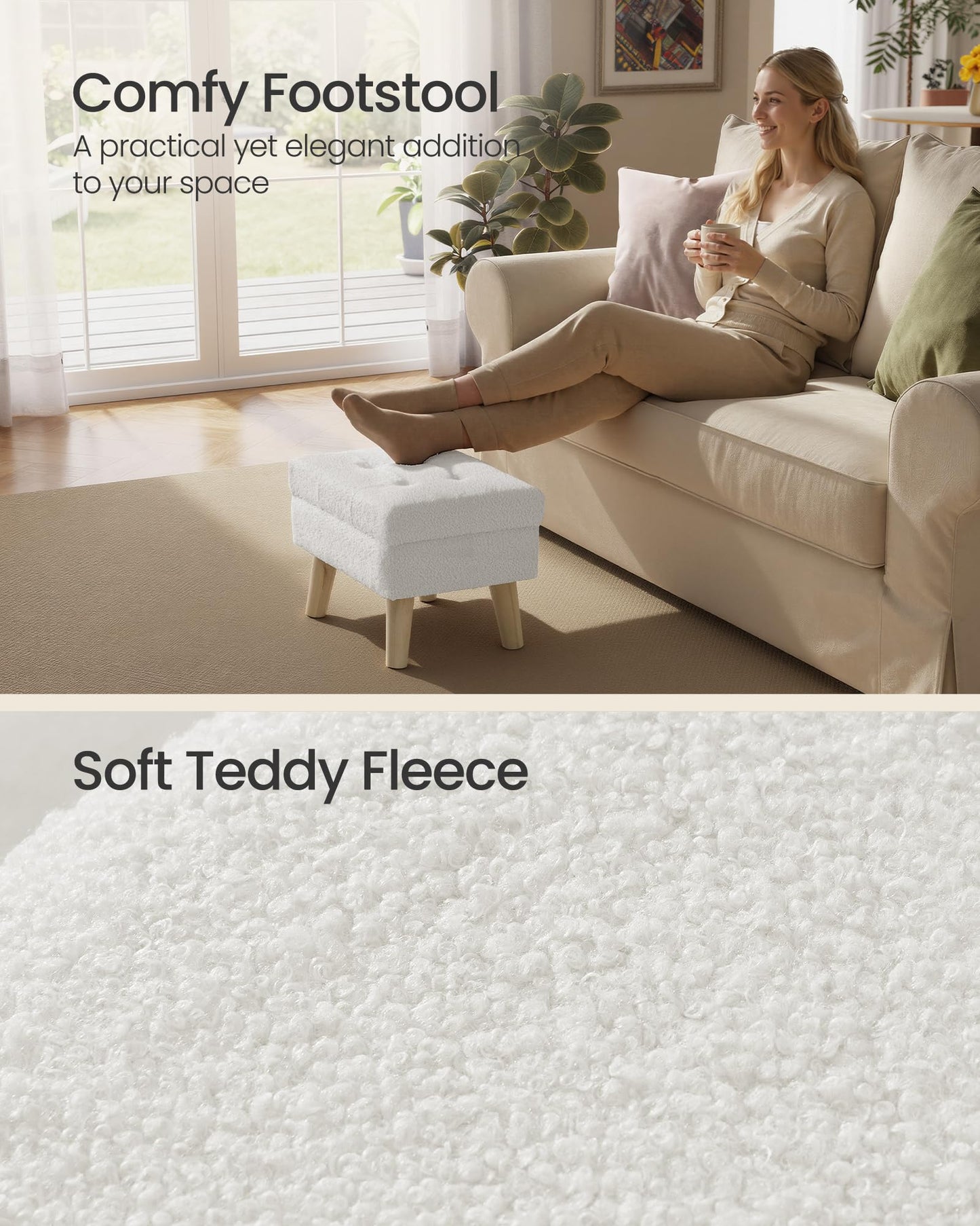 SONGMICS Storage Ottoman, Foot Stool, Ottoman with Padded Seat, Foot Rest with Wood Legs, Small Table, for Hallway, Living Room, 11.8 x 15.7 x 11.4 Inches, Teddy Fleece, Cream White ULOM518WD01