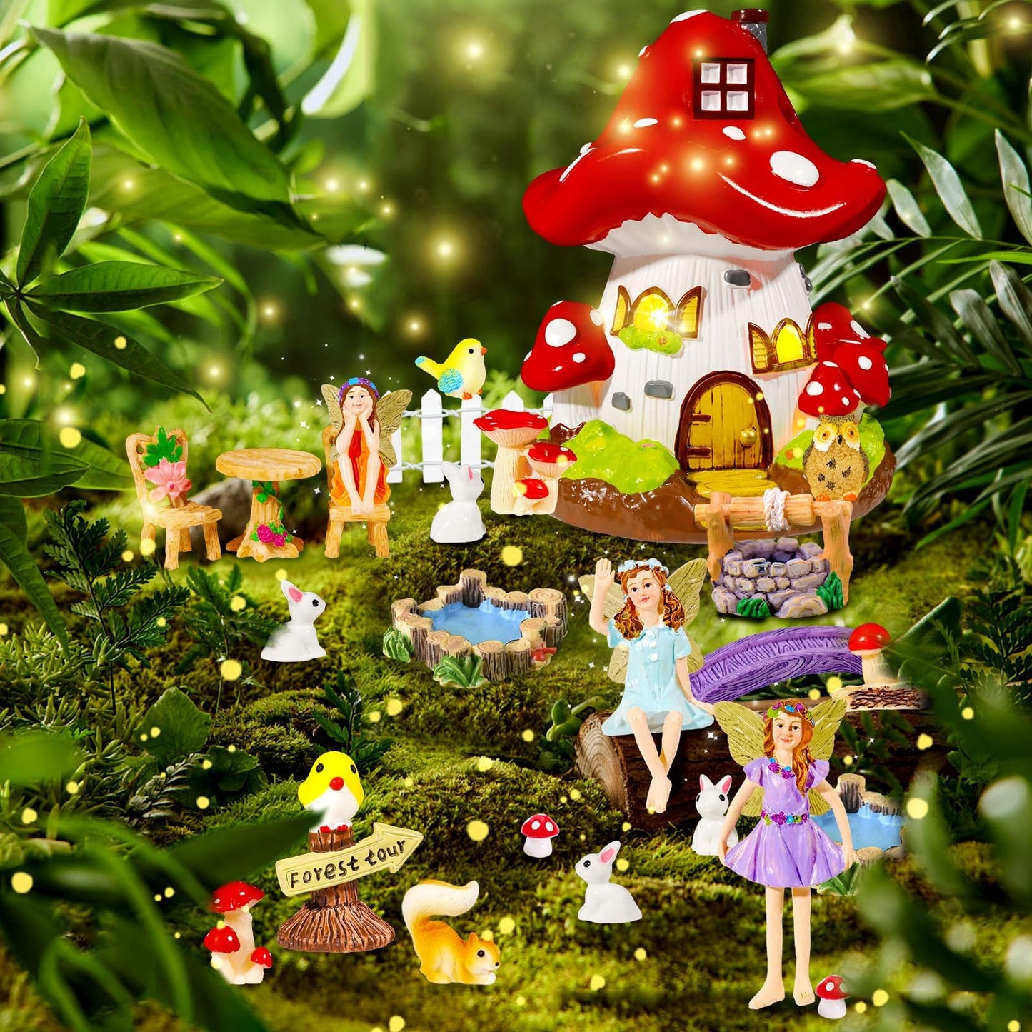Pamonrueer 56 Pcs Fairy Garden Kit Miniature Mushroom House Set with Fairy Figurines Animals Furniture & Bridge DIY Fairy Garden Accessories for Outdoor Indoor Terrarium Decor