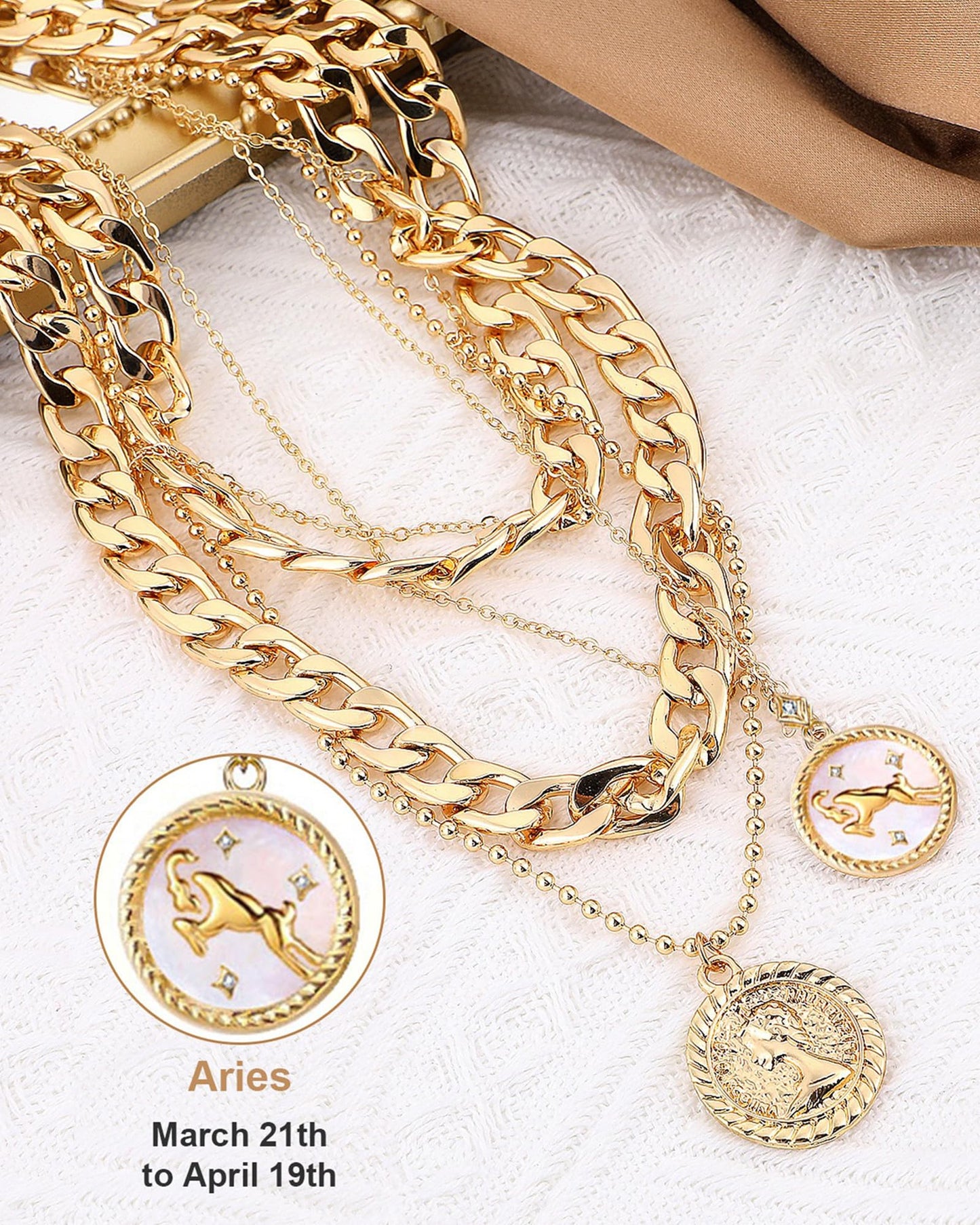 MJartoria Gold Layered Necklaces for Women Trendy Retro Coin Pendant Necklace Dainty Chunky Chain Choker Necklaces for Jewelry Birthday Gifts (Gold, Zodiac-Aries-3PCS Layered)