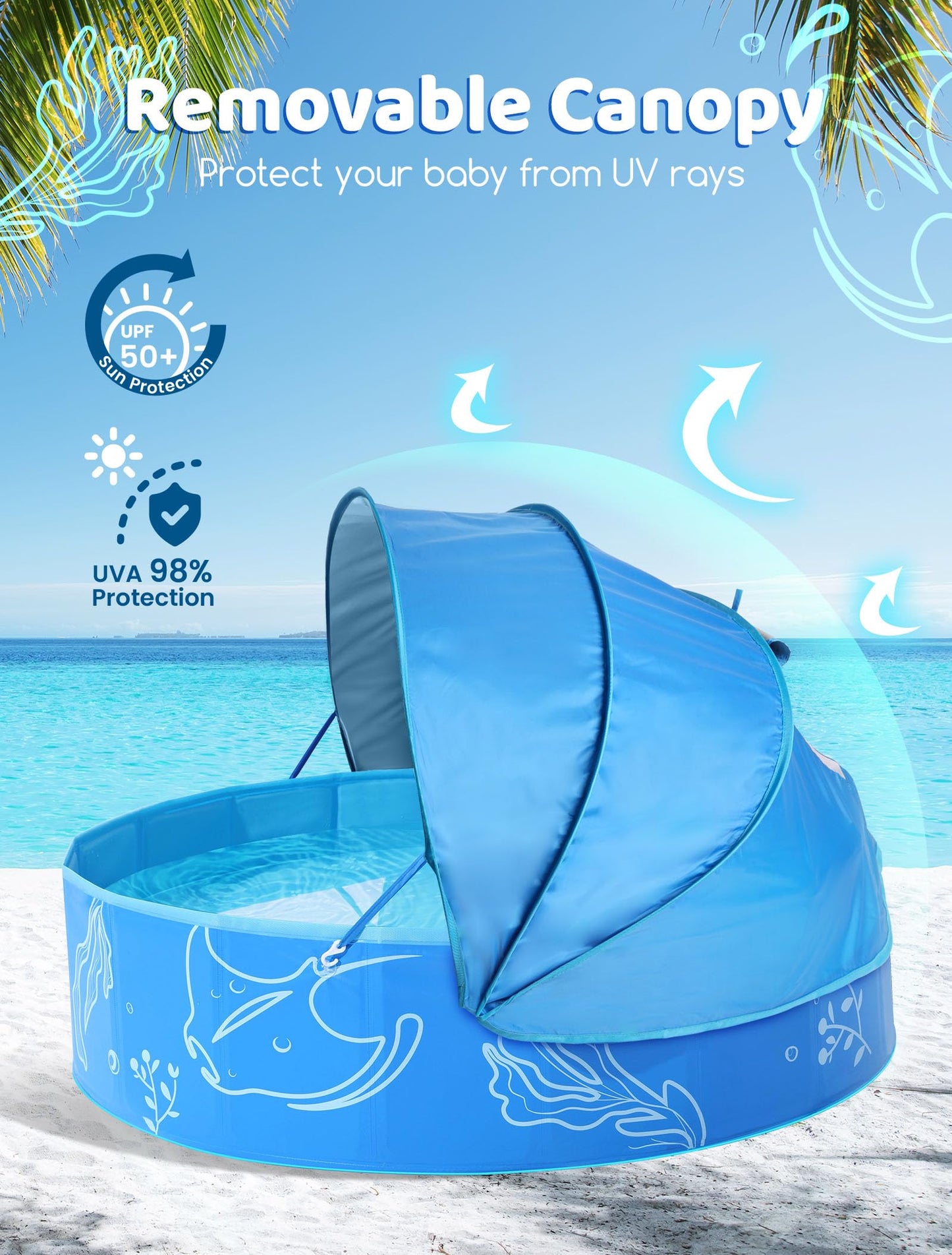 Hikiddy Foldable Kiddie Pool with Canopy: 31.5in/ 47in /63in for Baby Toddler Kids Family - Summer Water Play Pool with Shade - Portable for Outdoor Backyard Beach (Blue-Blue, 47in)