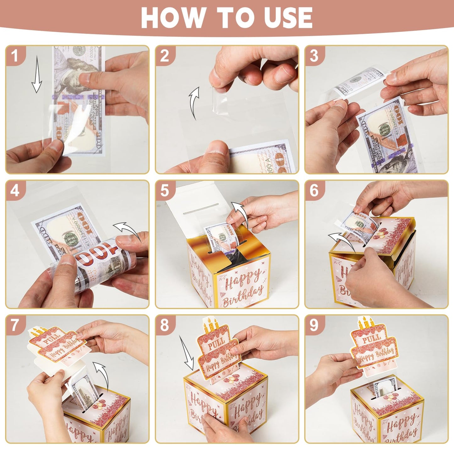 Turypaty Happy Birthday Money Gift Box with DIY Stickers for Any Age - Pink Rose Gold Surprise Birthday Party Cash Gift Box with Pull Out Card for Women Girls - A Fun Way to Present Cash as Gifts