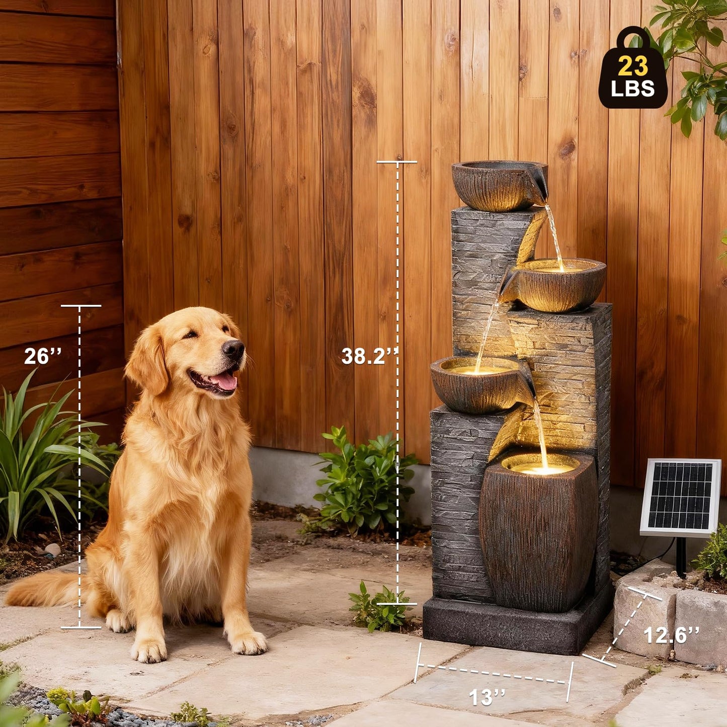 KAISOKU Solar Water Fountain Outdoor Garden, 38.2" Tall Stone Texture Modern Outdoor Fountain with 4 Tiers Cascading Bowls and Pump Solar Panel for Patio, Deck, Porch, Backyard Home Decor