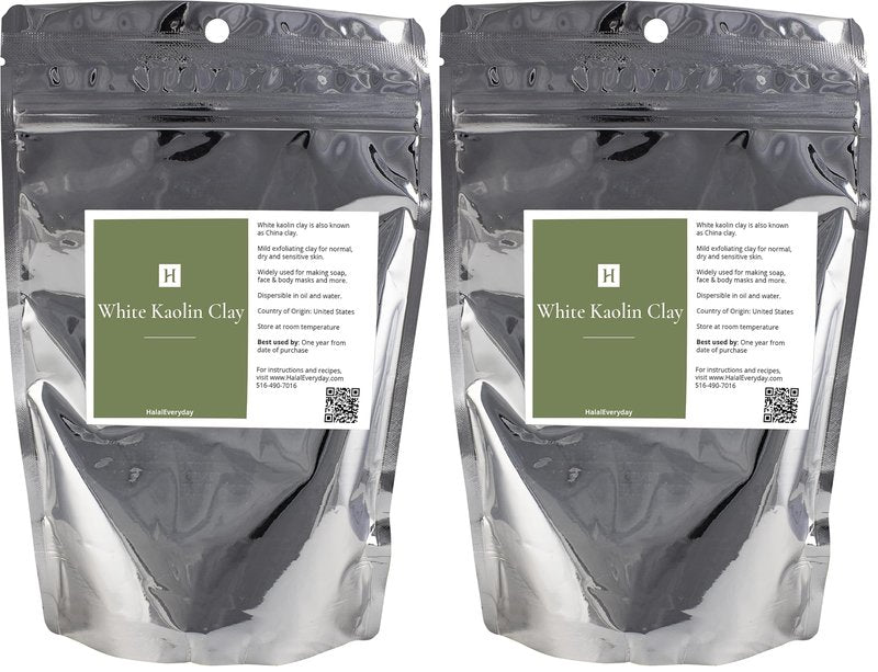 HalalEveryDay White Kaolin Clay Powder 2 lb Cosmetic Grade 100% Natural DIY Facial & Body Mask Gentle Cleanser & Exfoliant for All Skin Types Great for Soap Making & Bath Bombs (Pack of 2)