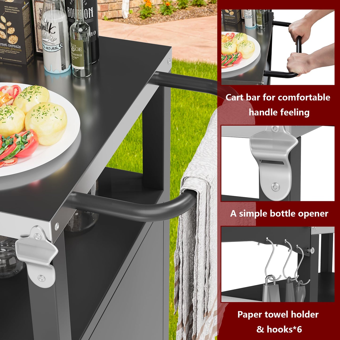 Vongrasig Grill Cart with Storage, Outdoor Bar Cart Rolling BBQ Movable Pizza Oven Table Stand with Foldable Stainless Steel Top & Storage Cabinet, Black