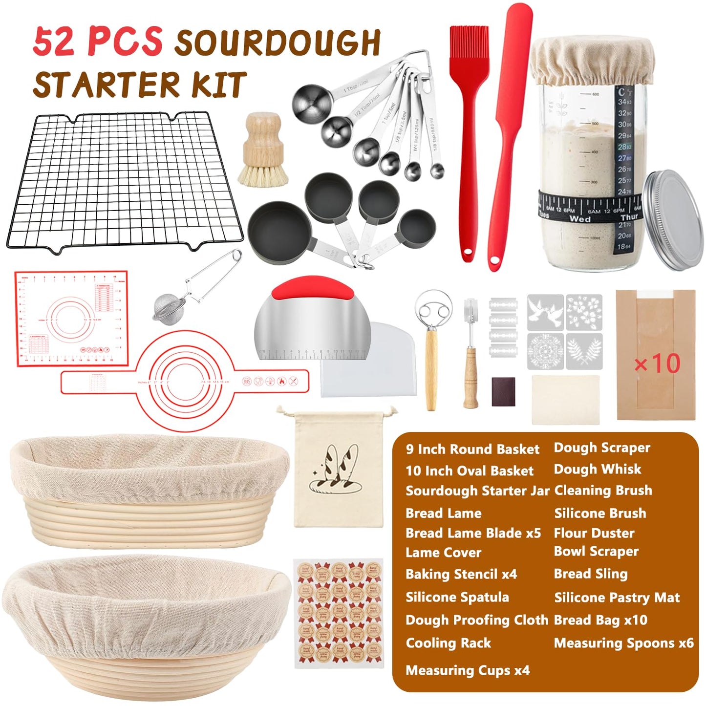 52 Pcs Sourdough Starter Kit, Sourdough Bread Baking Supplies with 9" Round & 10" Oval Banneton Bread Proofing Basket, Cooling Rack, Sour Dough Starter Jar, Bread Making Kit Gifts for Women Wife Mom