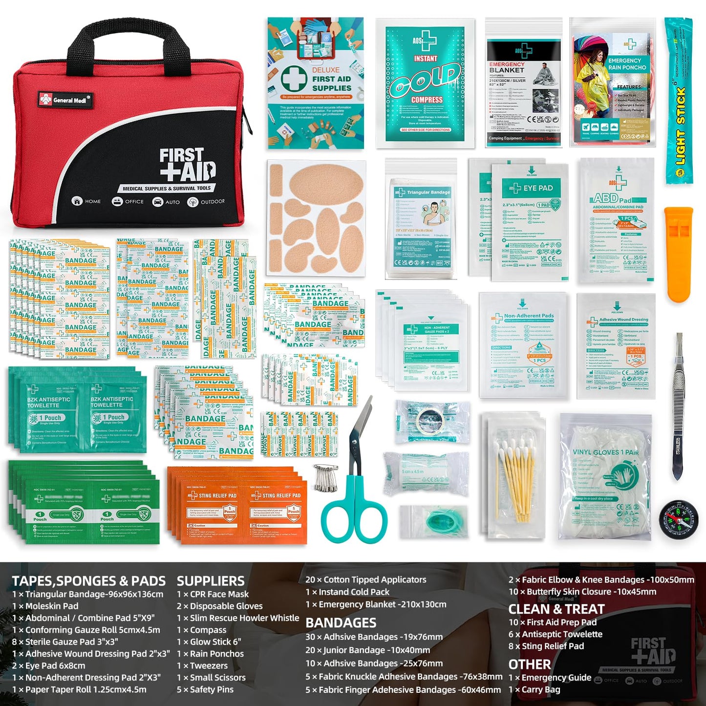 First Aid Kit -160 Pieces Compact and Lightweight - Including Cold (Ice) Pack, Emergency Blanket, Moleskin Pad,Perfect for Travel, Home, Office, Car, Camping, Workplace (Red)