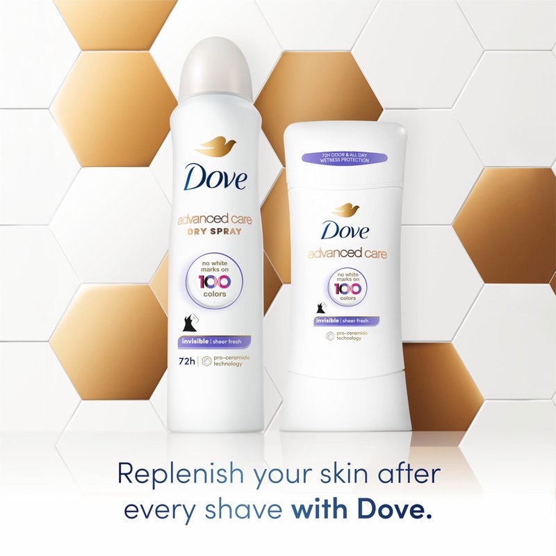 Dove Advanced Care Antiperspirant Deodorant Stick Sheer Fresh 4 Count Anti-stain antiperspirant deodorant for soft underarms 72-hour underarm odor protection and all-day sweat control 2.6 oz