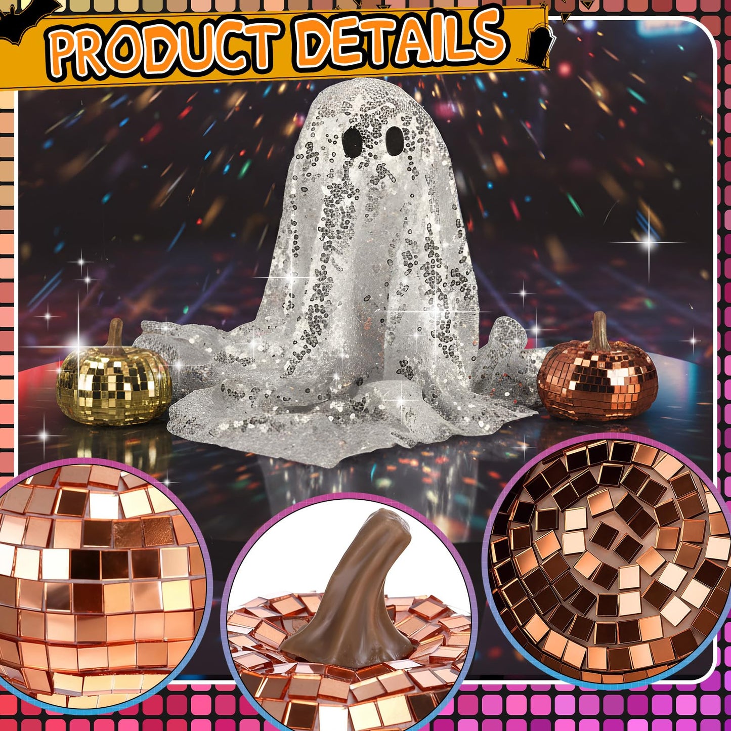Amyhill 3 Pcs Halloween Disco Ghost Decor and Disco Pumpkin, Glitter Mirror Pumpkin Craft 9.45 Inches Large Discos Ball Ghost Table Centerpiece for Party Gift(Orange,Yellow,2.7 Inch, 3 Inch)