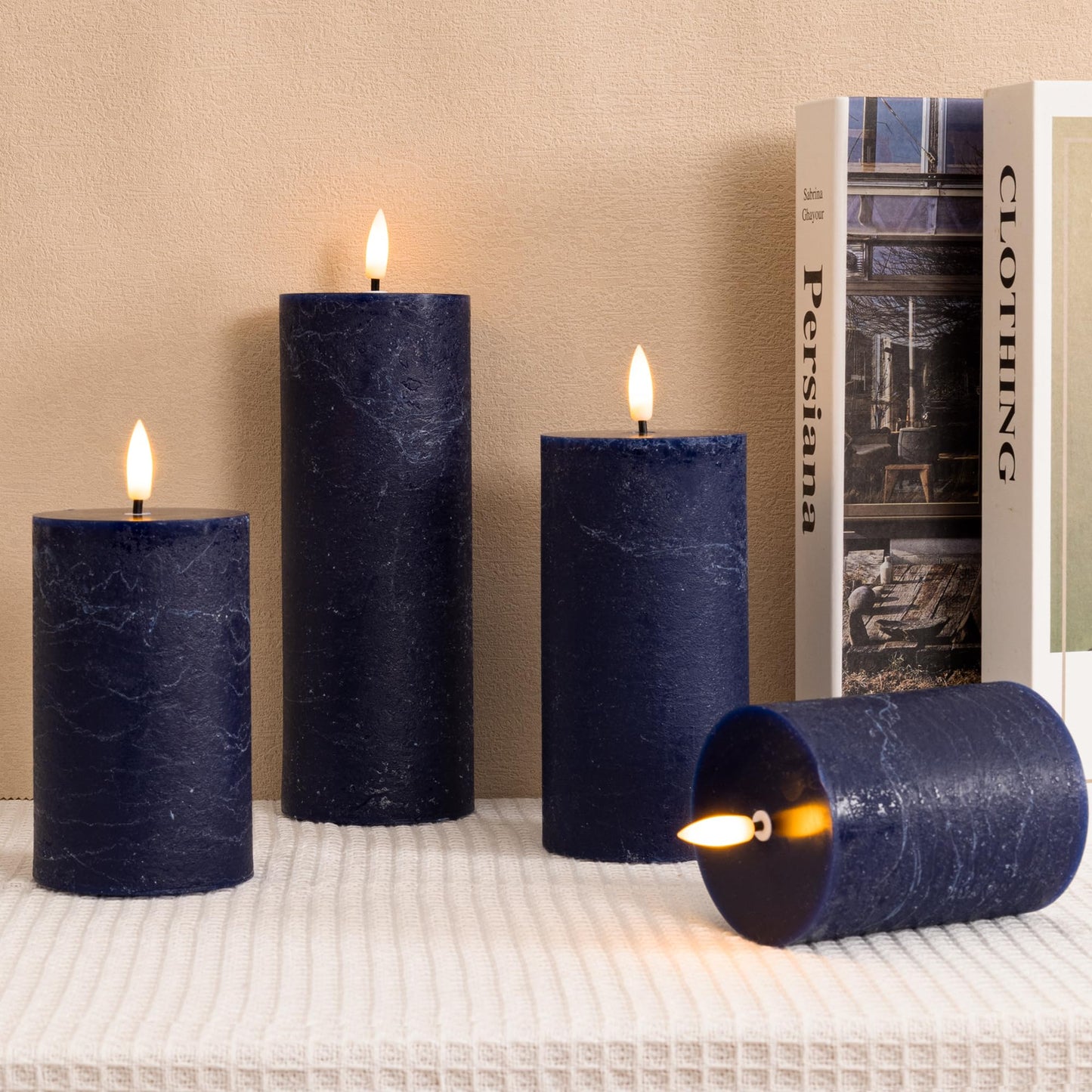 AFINETH Blue Flameless Pillar Candles, Battery Operated Candles with Remote, Real Wax Flickering LED Candles for Home Party Wedding Holiday Decor, Set of 4, Φ 3" H 4"" 5"" 6"" 8"""