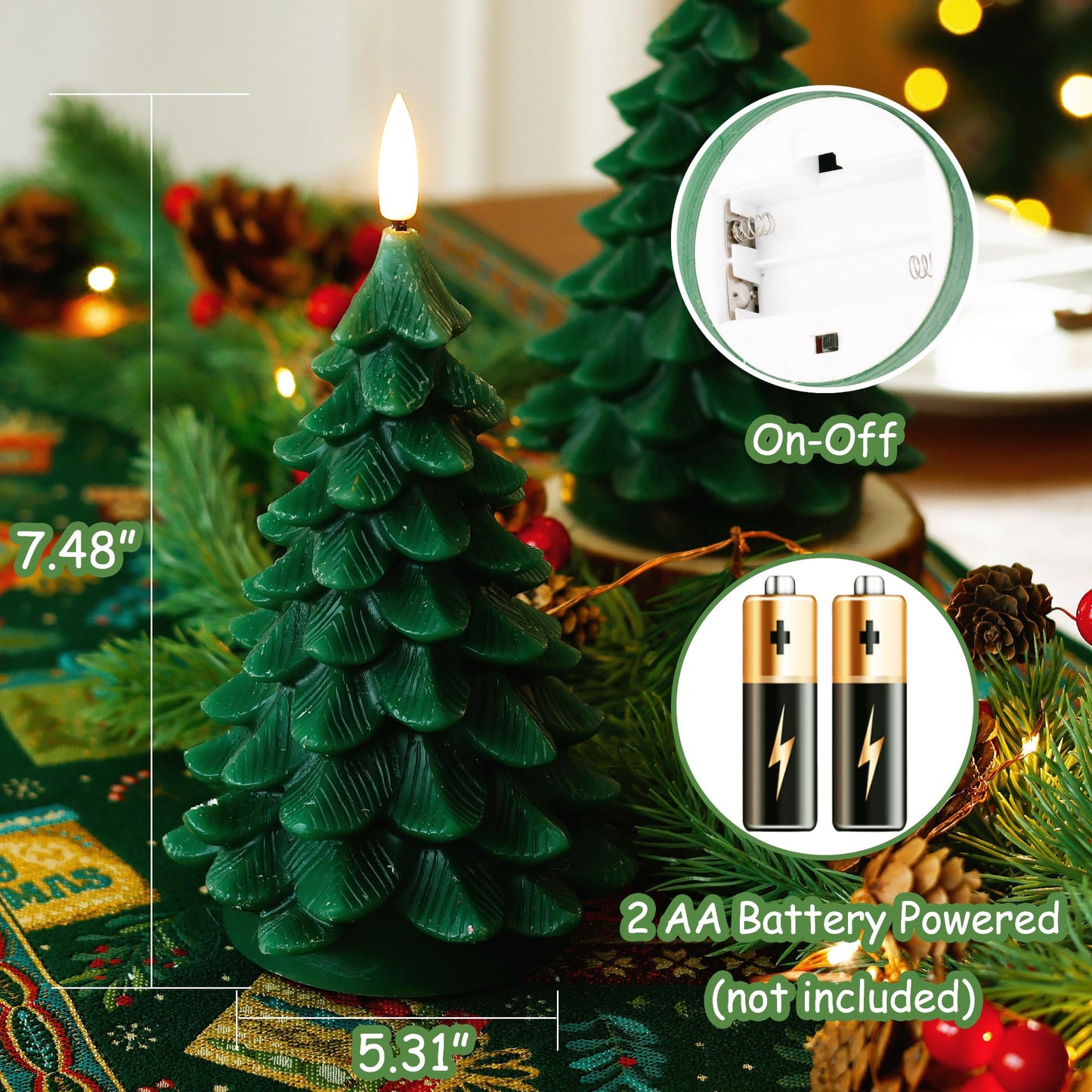 JOIONE Christmas Tree Flameless Candles with Remote Timer, Battery Operated Flickering Candles, LED Real Wax Candles for New Year Celebration, Christmas Decor, Set of 2, Green (3.15" X 7.48"")"