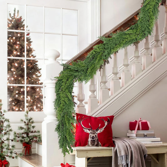 9Ft Christmas Garland for Staircase Railing Soft Bendable Real Touch Artificial Cedar Pine Green Xmas Mantle Garland for Fireplace Porch Table Home Room Yard Christmas Indoor Outdoor Decor(Cedar Pine)
